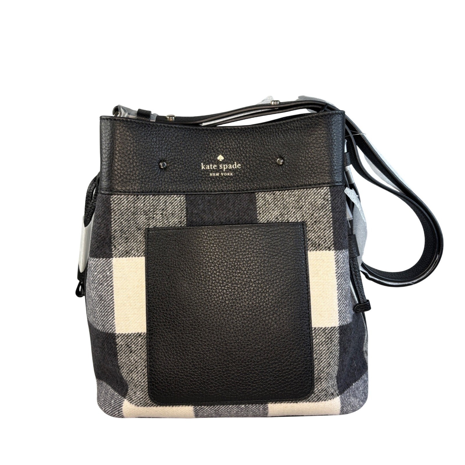 Kate Spade Eva Buffalo Check Med NWOT Bucket Bag Black White Plaid Leather V101