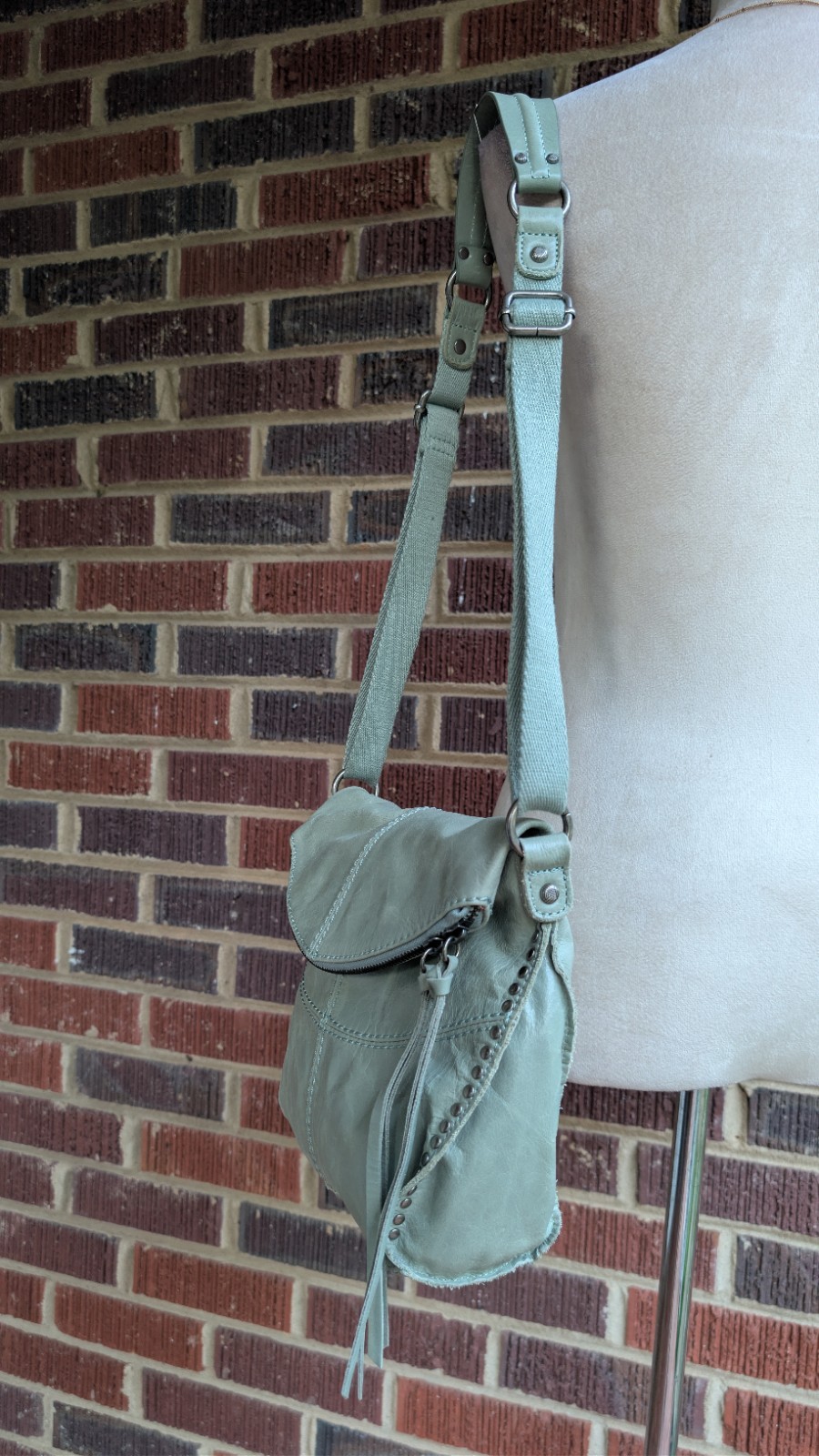 The Sak ‘Silverlake’ Leather Crossbody Bag- Sage Green-Studded-Zipper Flap
