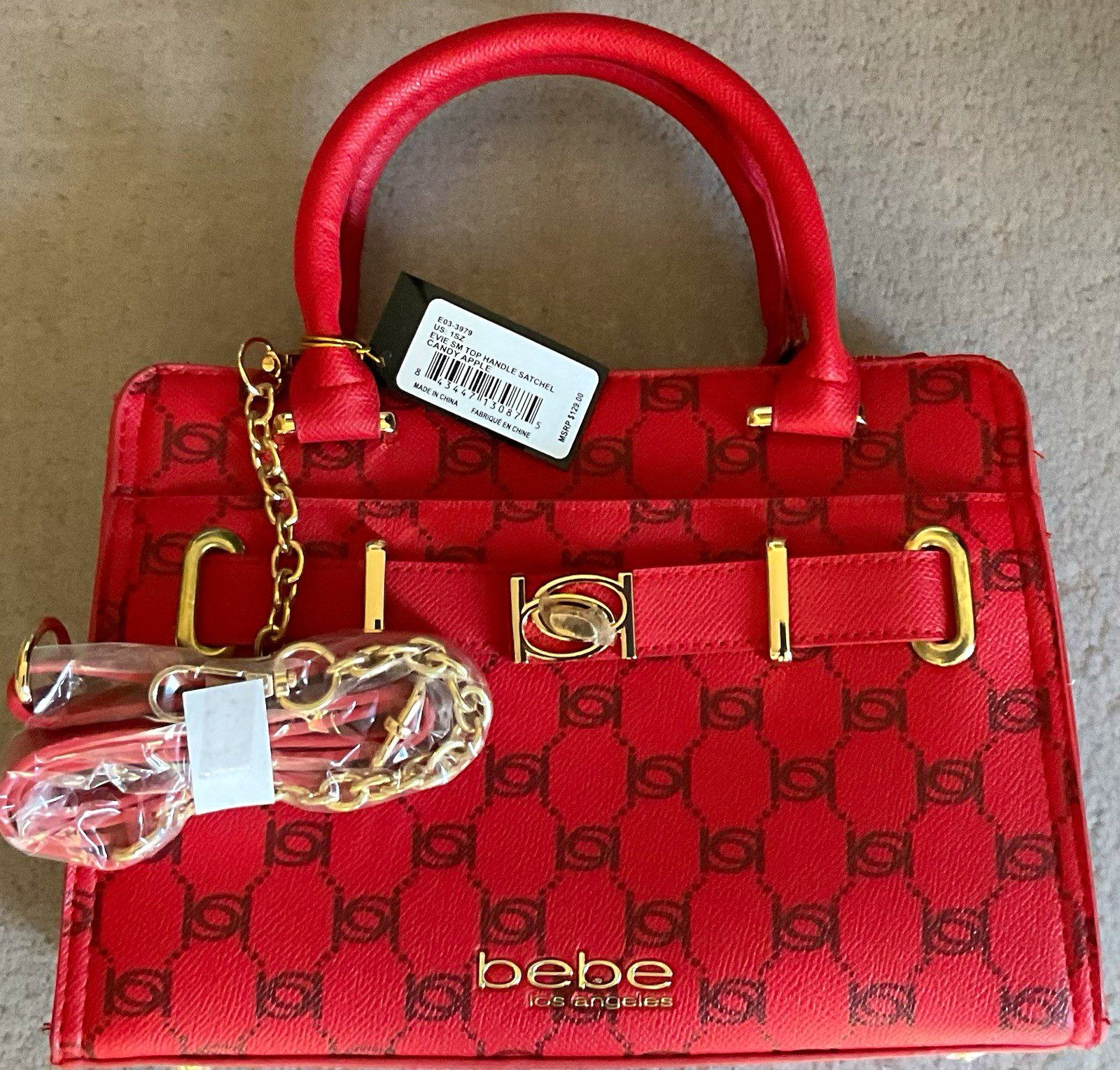 bebe Evie Small Top Handle Satchel Red Logo Print Zip, Detachable Strap