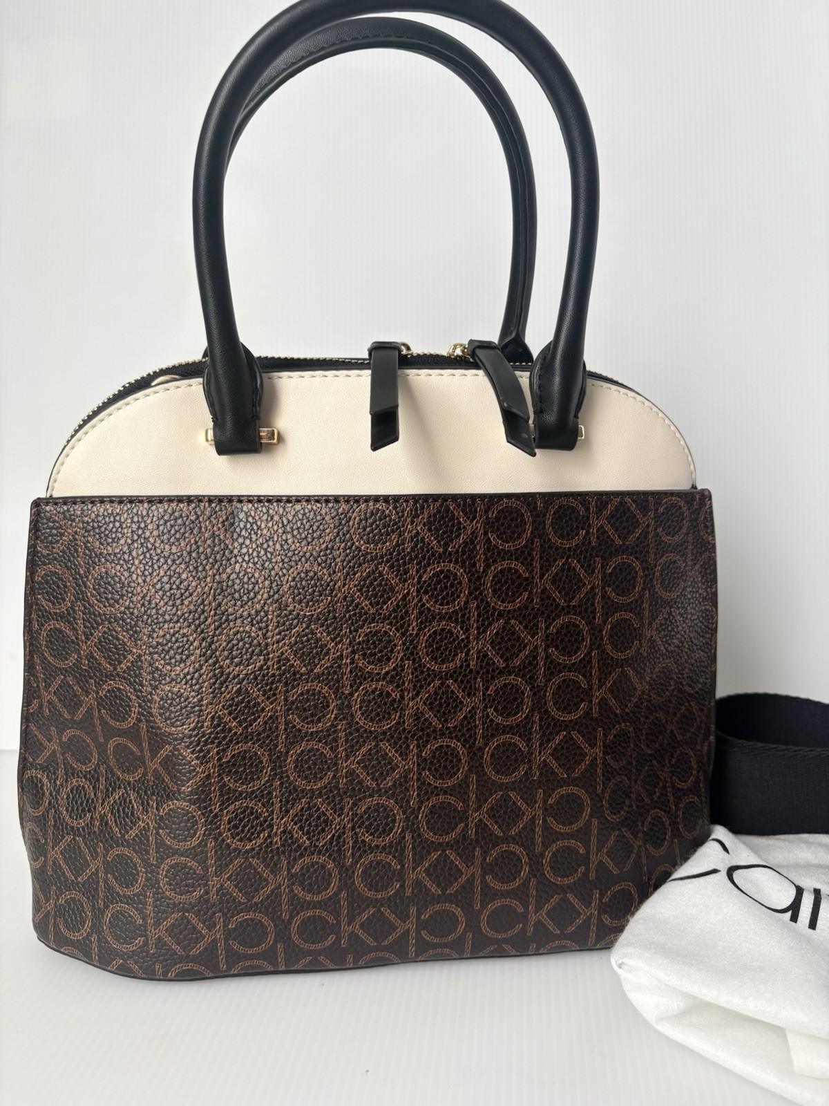 Calvin Klein Becky Dome Organizational Satchel Brown/Khaki/Black/White New