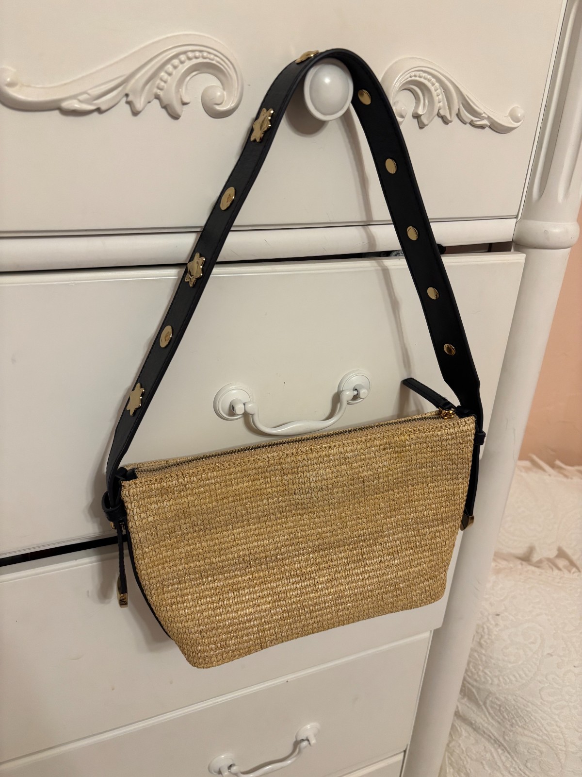 Madewell NWT $138 Straw & Black Leather Shoulder Bag w/ Sun Medallion Studs