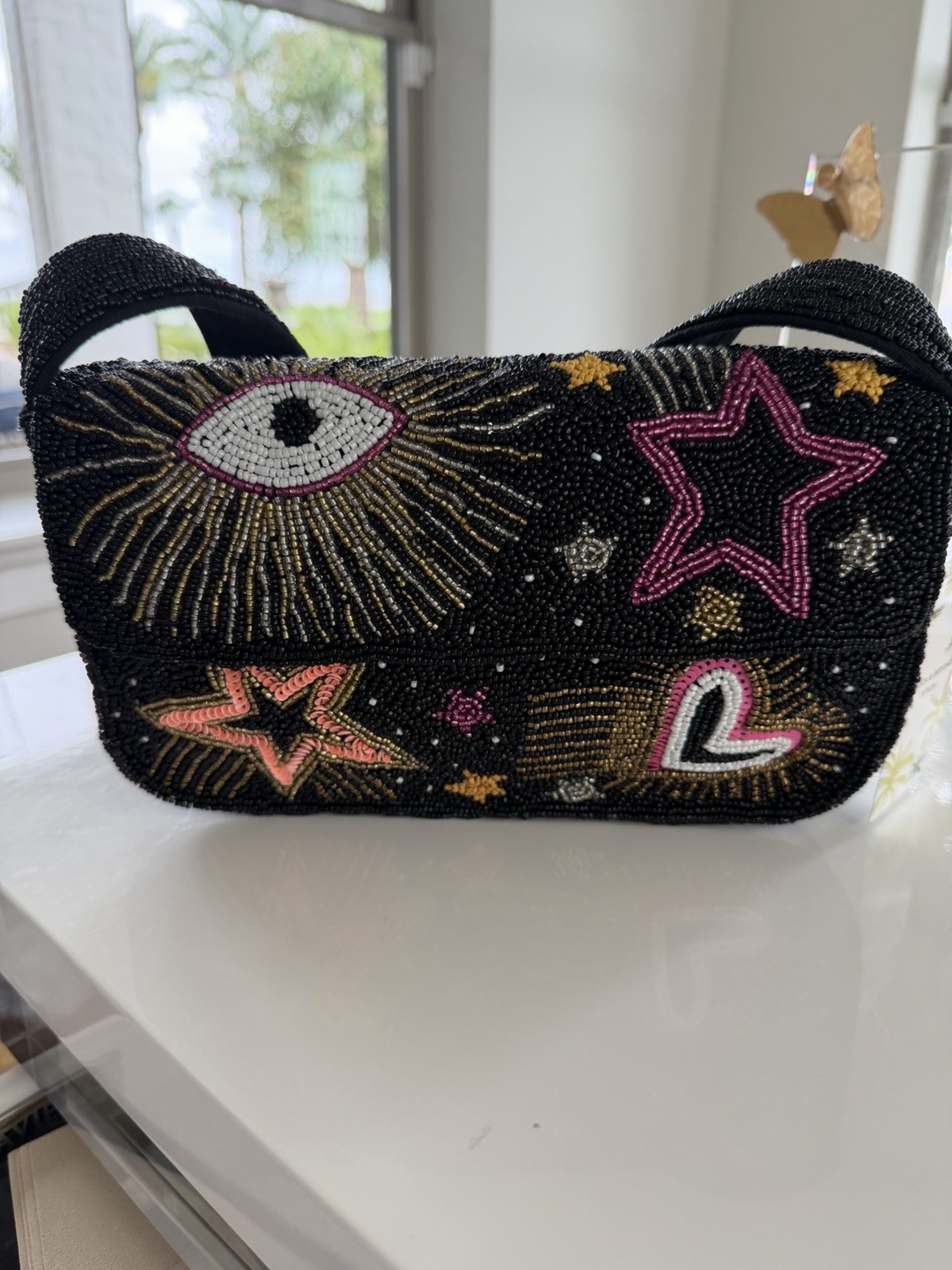 Black Beaded Women’s Shoulder Bag, Rectangle Purse with Eye Heart & Stars