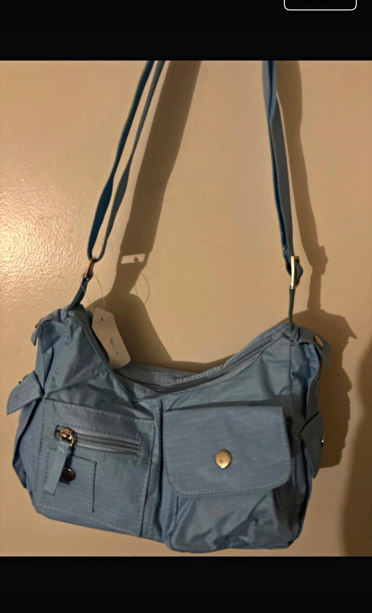 Women’s Blue Solid Rectangle Shoulder Bag Adjustable Strap Pockets Zip Gold