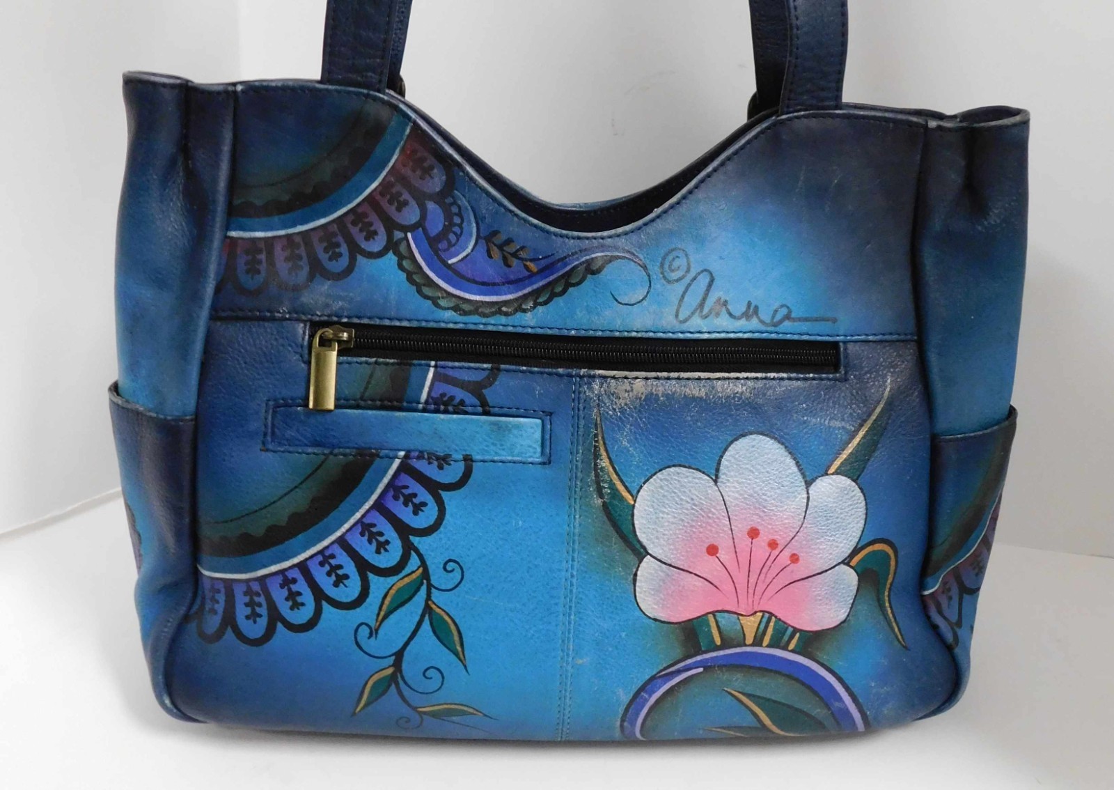 Anna By Anuschka Women’s Hand Painted Blue Leather Tote Bag Purse Floral Paisley