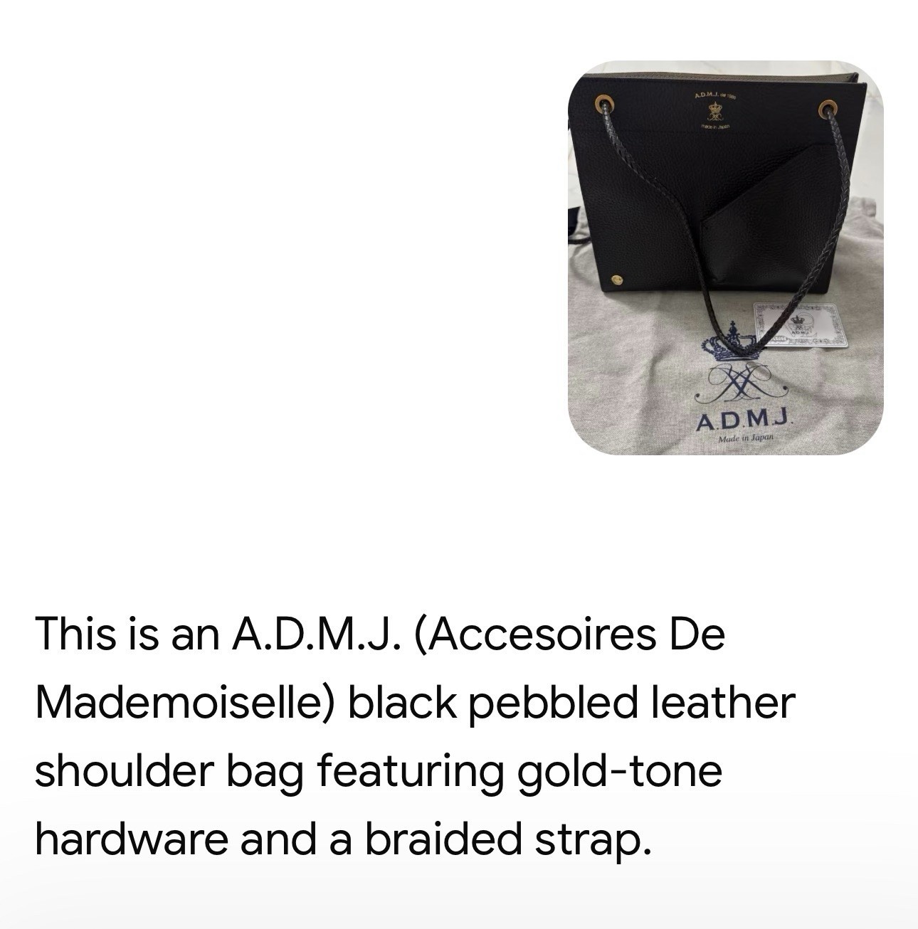 A.D.M.J. Black Pebbled Shoulder Bag Braided Strap, Gold HW, Pockets +Dust Bag