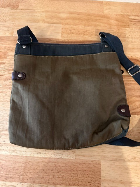 Highway Crossbody Nylon Multi-Pocket Handbag Olive Green & Blue Leather Accents