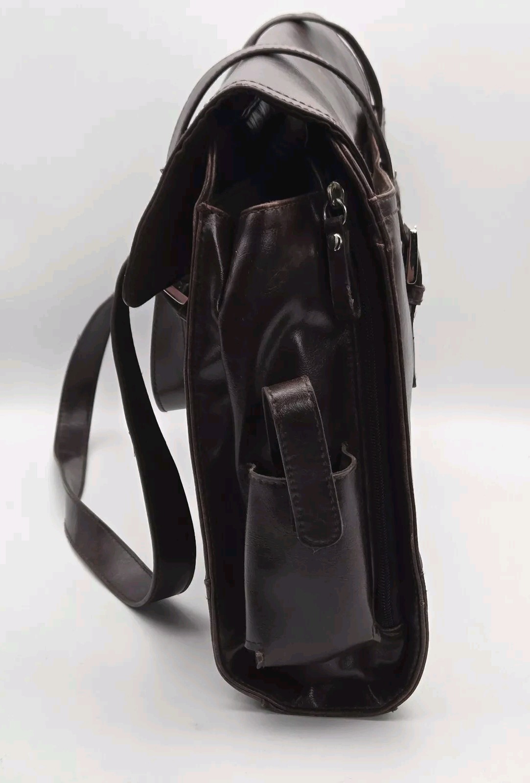 Worthington Messenger Bag Large Brown Vinyl Tote 16”x 12” Shoulder Straps VTG