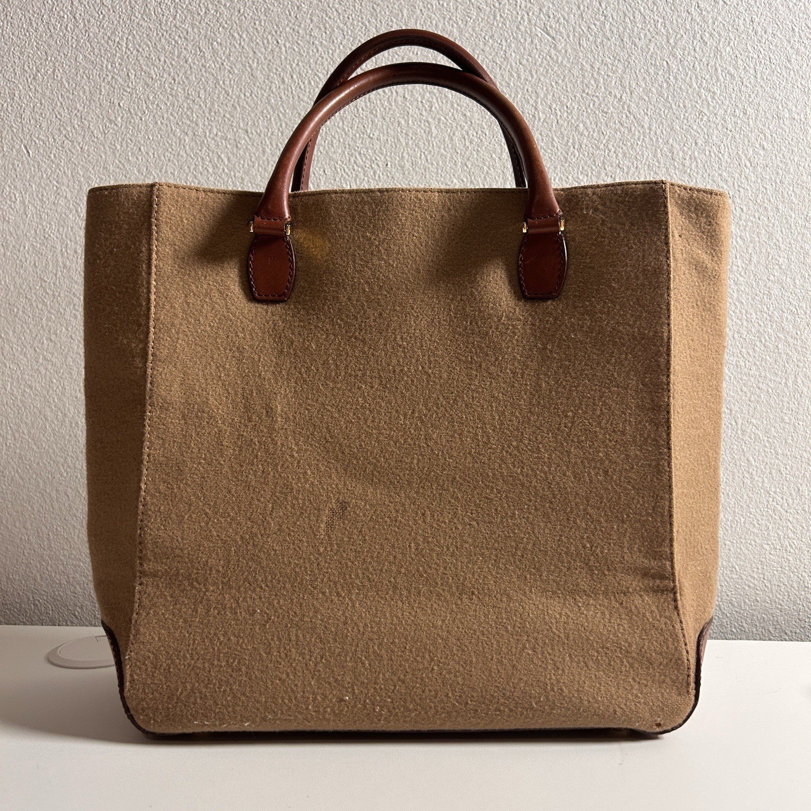 Kate Spade Felted Wool Handbag Camel Tan W/ Leather Trim Satchel Tote