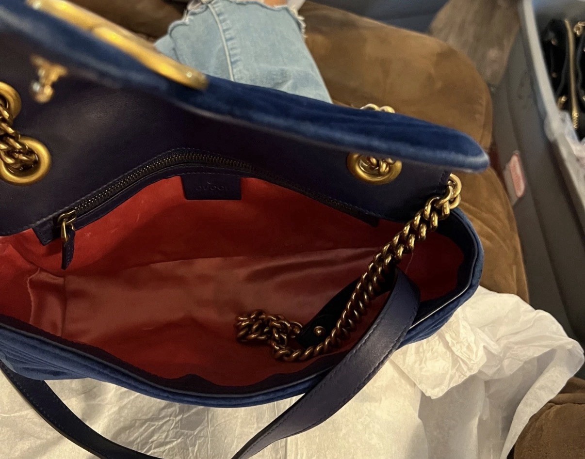 Gucci GG Marmont Blue Matelasse Chevron Chain Strap Flap Shoulder Bag