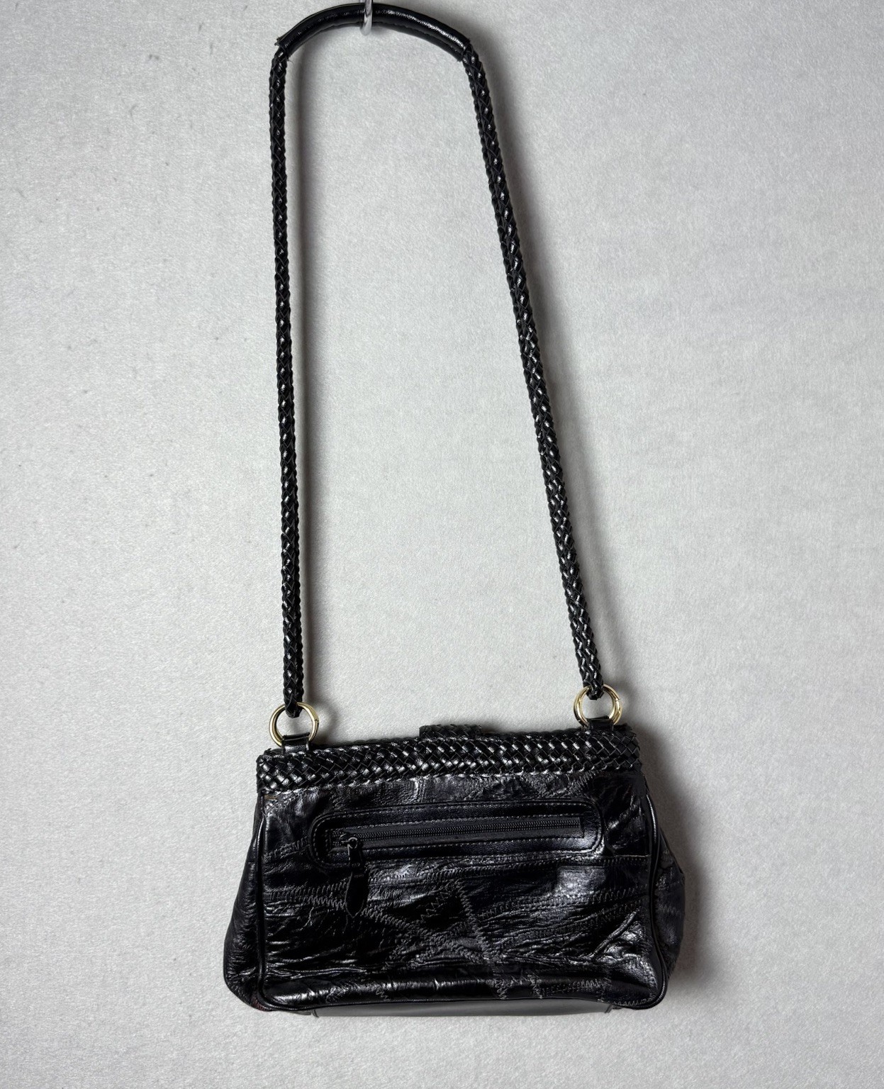 Vintage Warren Reed Black Faux Leather Woven Strap Snap Closure Shoulder Bag