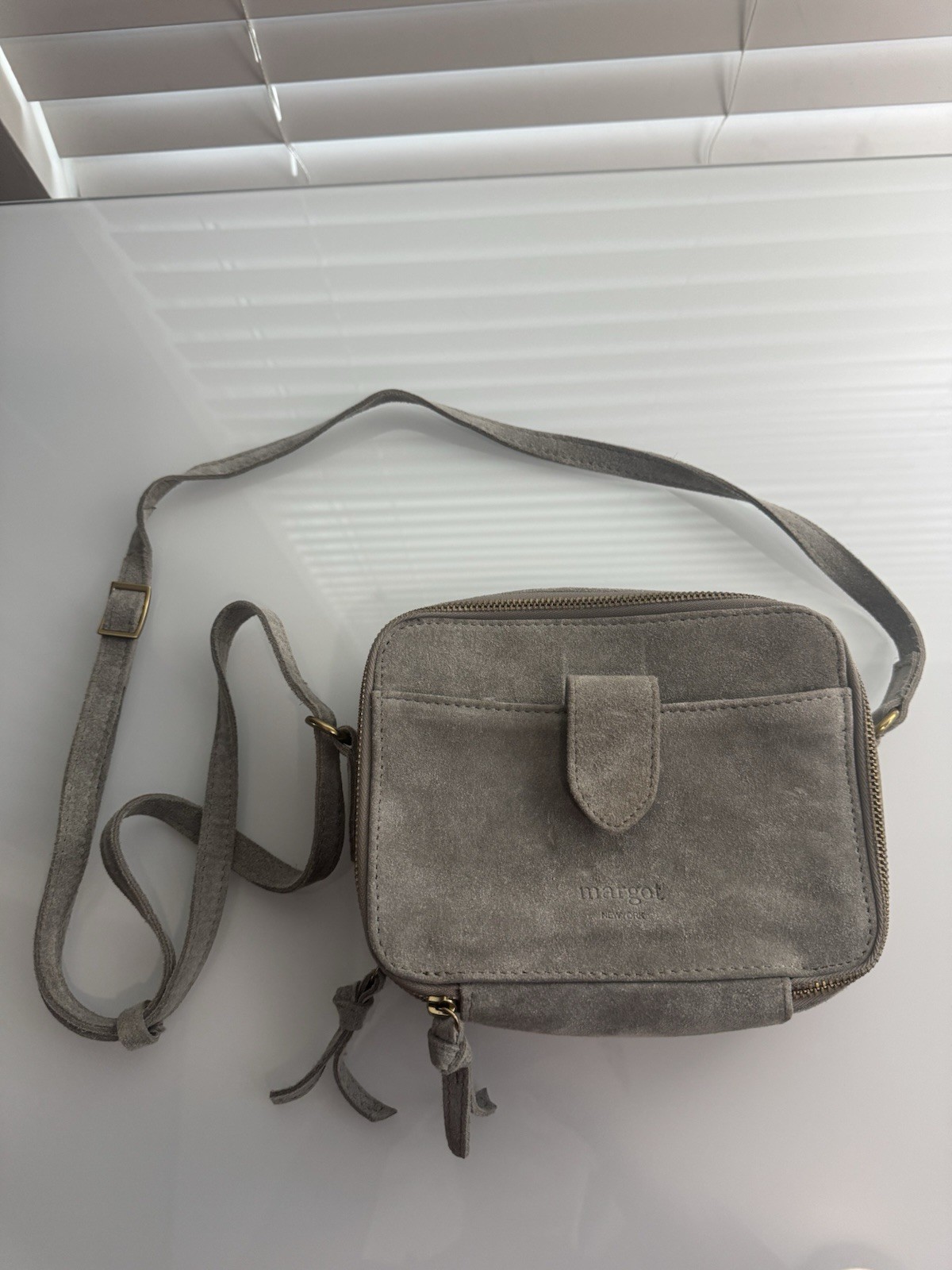 Margot Elena Genuine Leather Suede Grayish Green Crossbody Purse Camera Bag
