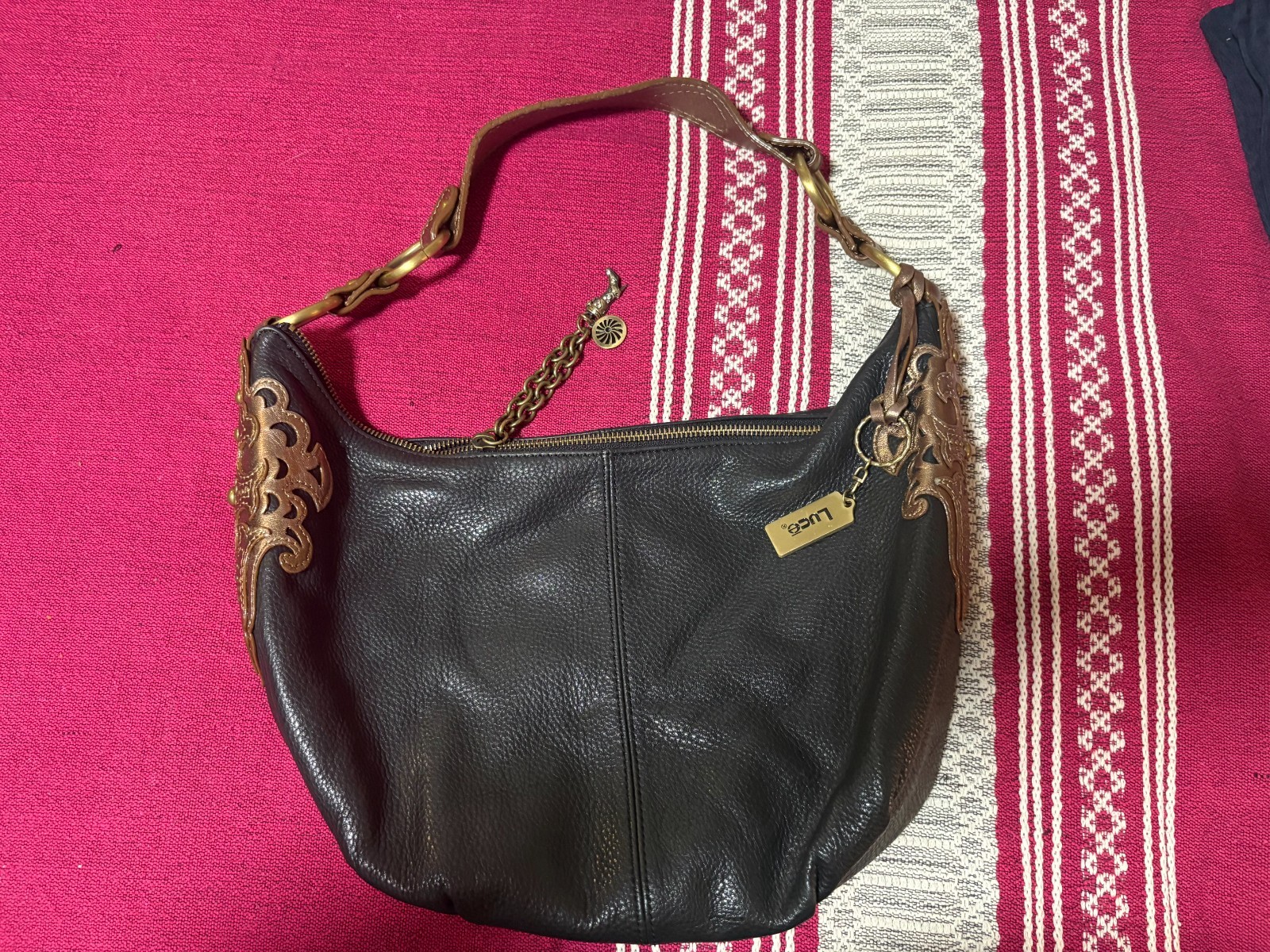 LUCE Black genuine leather metal studded handbag purse / Gold trim