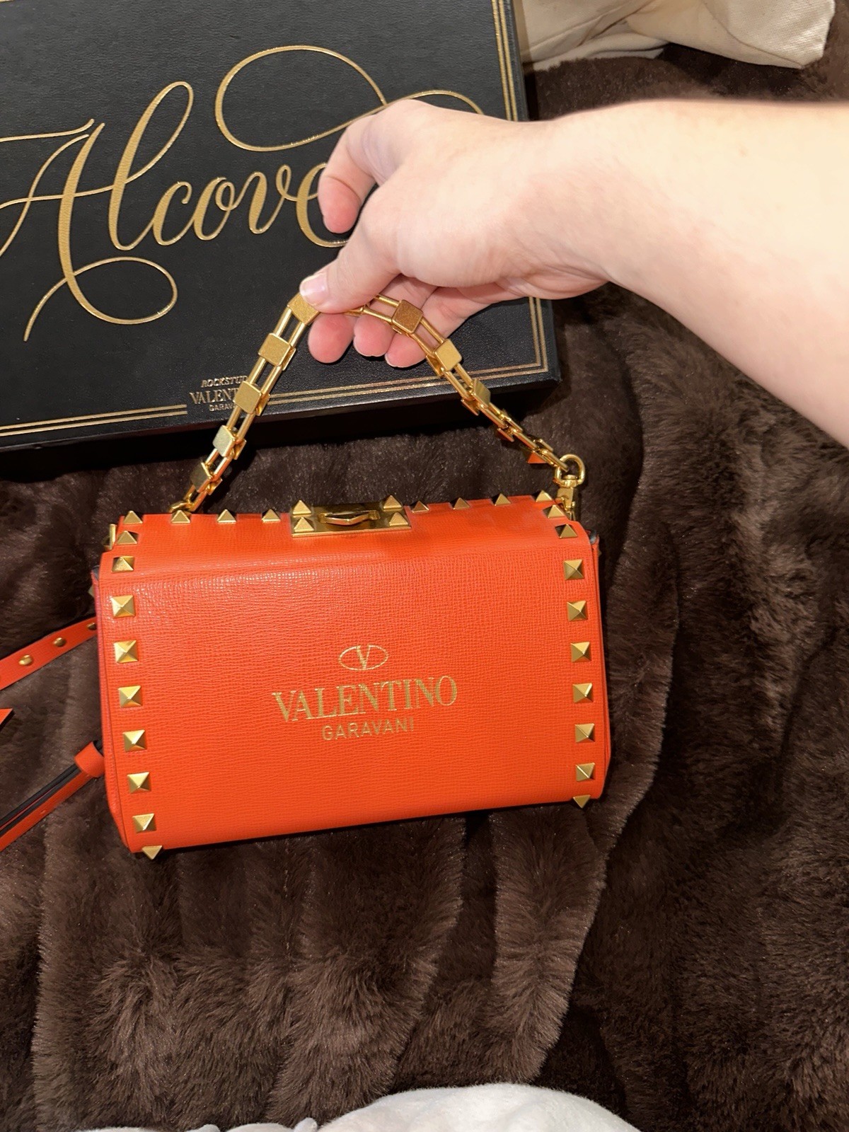 Valentino Garavani Rockstud Alcove Top Handle Bag Rosso Valentino (Orange-Red)