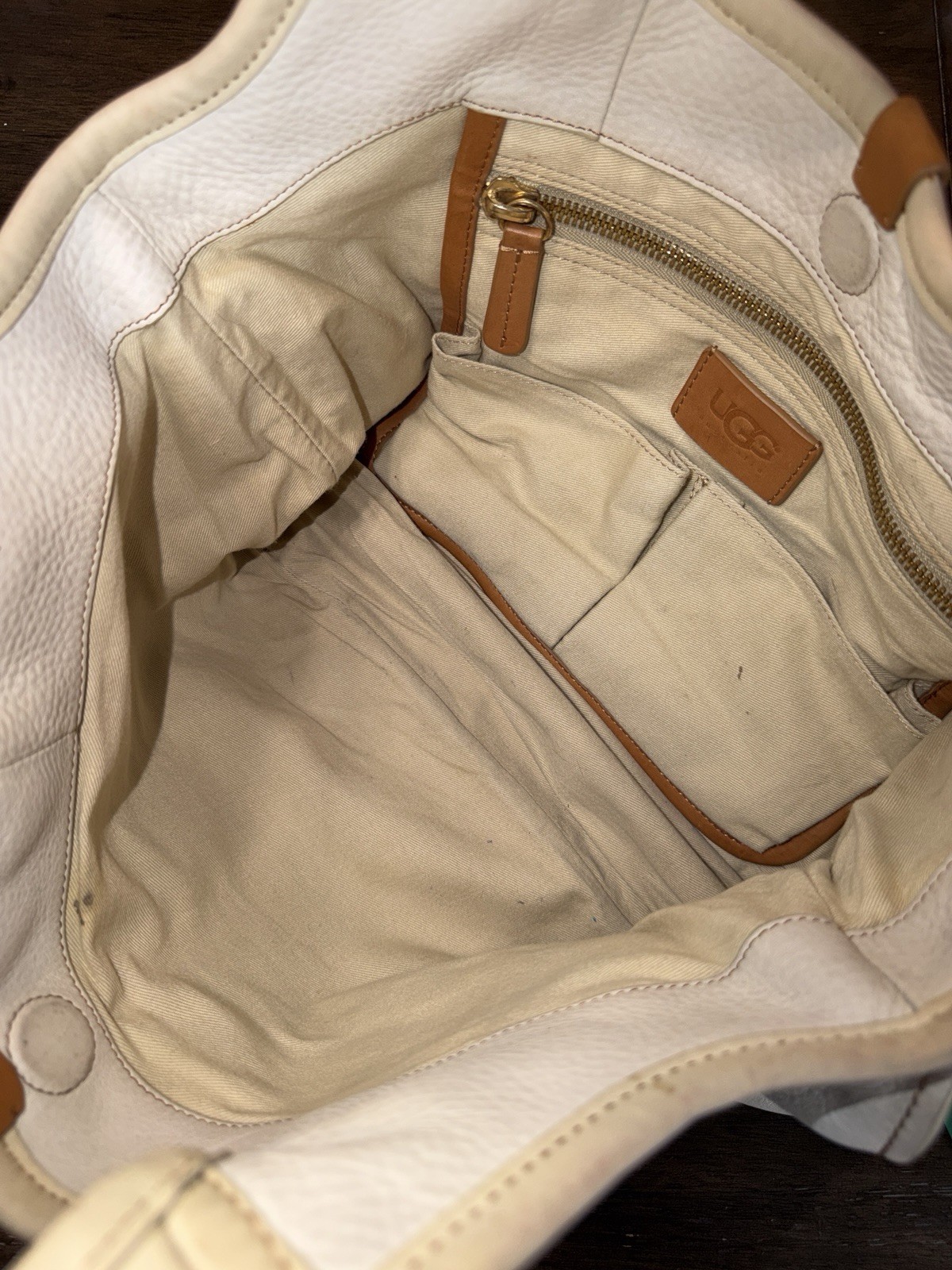 UGG Australia Genuine Calf Leather Hobo Shoulder Handbag Purse Beige Travel Tote
