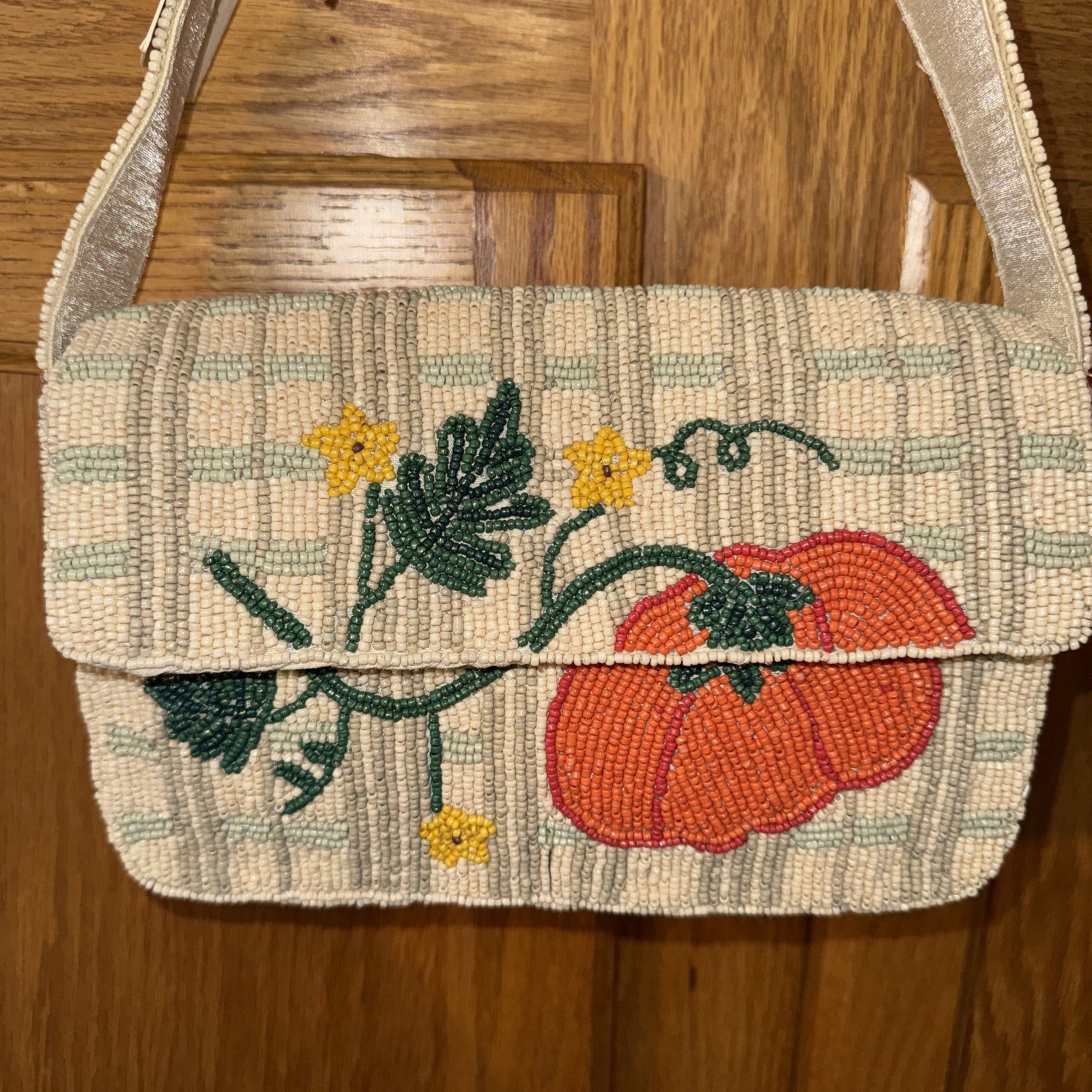 Sol and Mer Small Beaded Fall Pumpkin Vine Handbag Snap Closure Beige Multi NWT