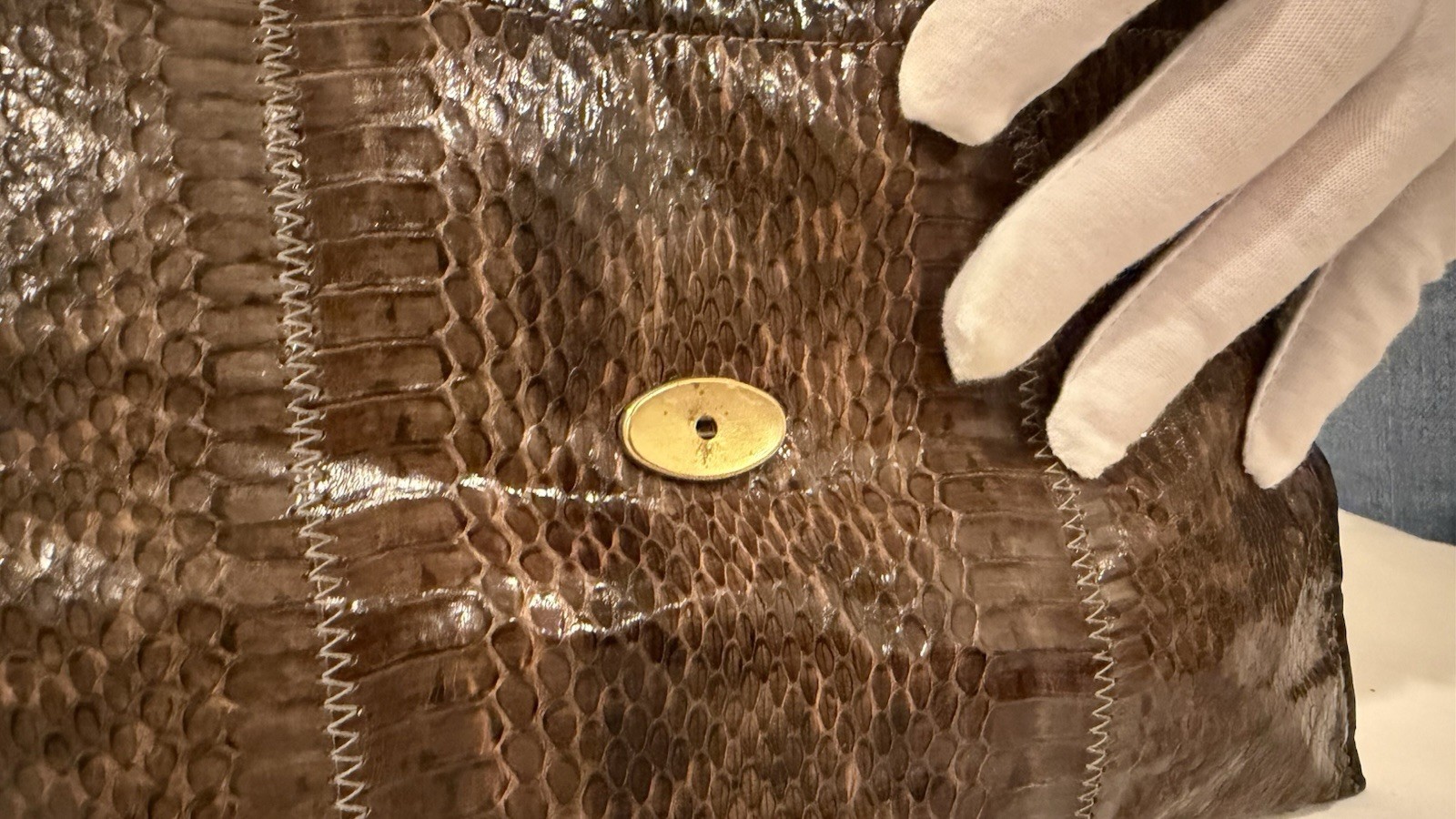 Brown Snakeskin, Shoulder Bag, Gold Chain Strap, Snap Closure, Lined