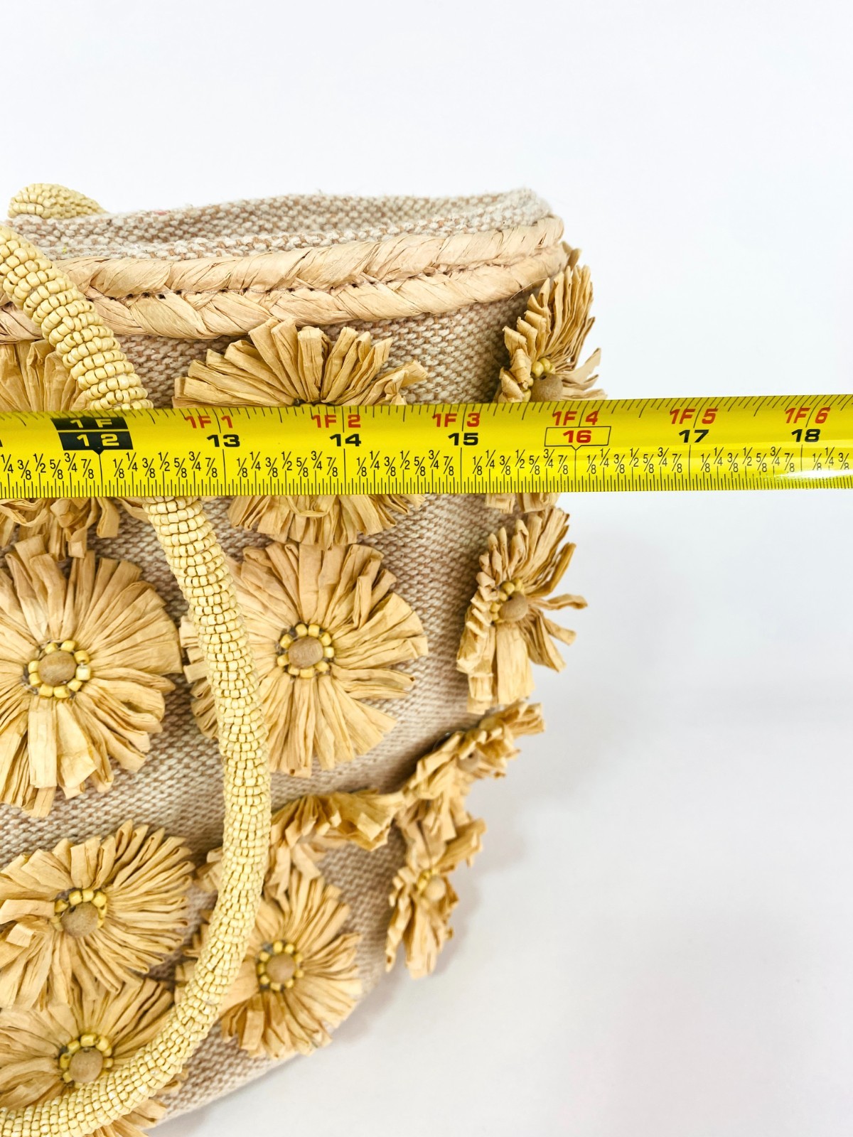 Handcrafted in India Raffia Straw Flower Tote Bag Beaded Handle Beach Boho