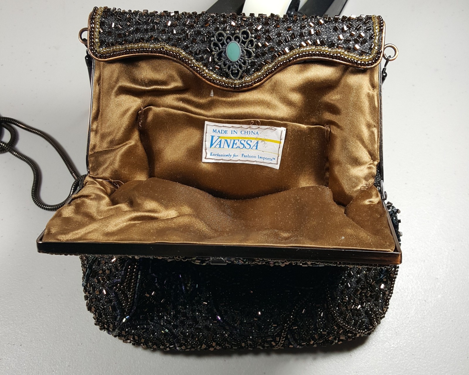 VANESSA Framed Beaded Purse Bronze Peacock Feather Design