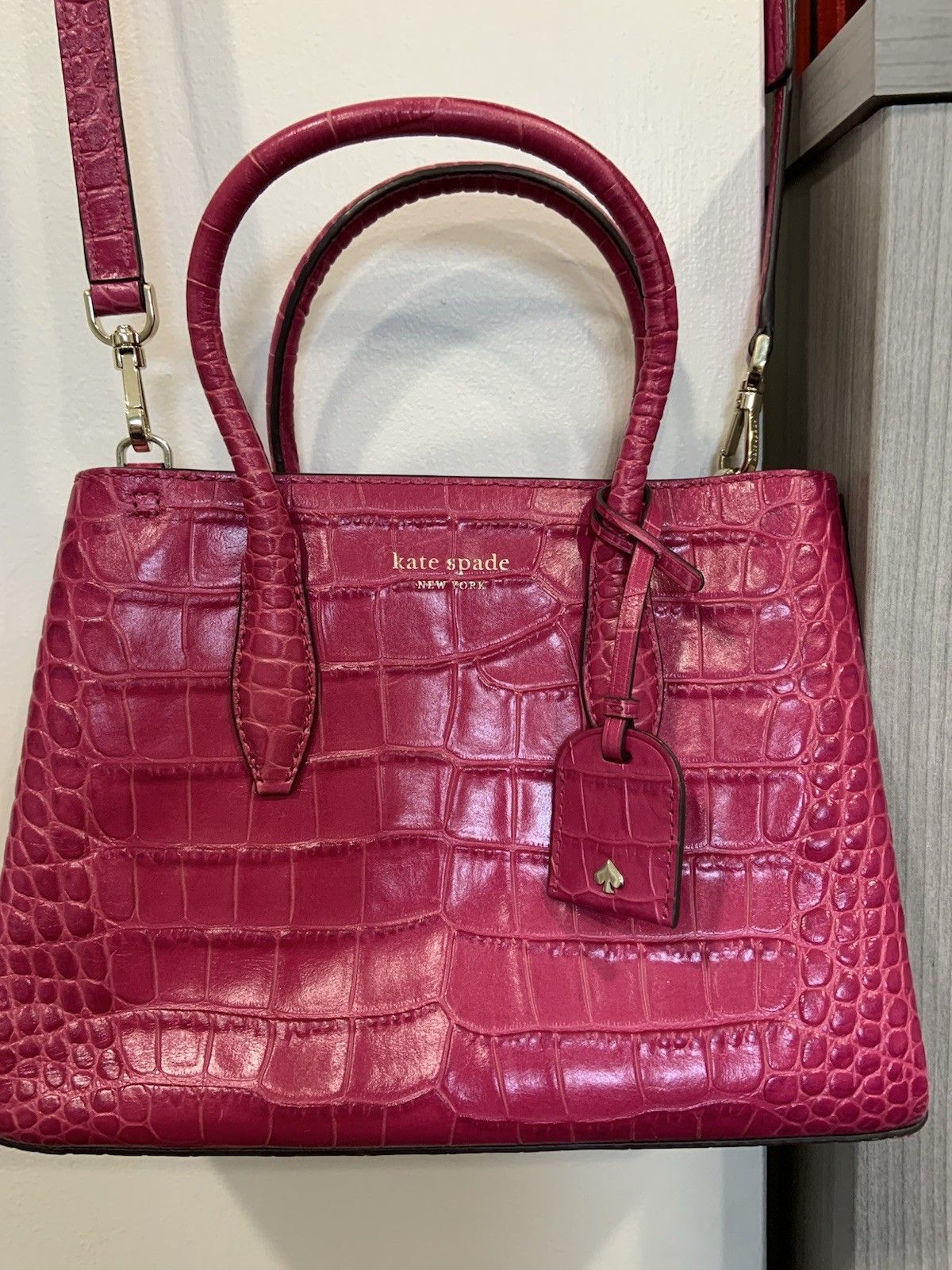 Rare Kate Spade NY Pink Croc Embossed Satchel Top Handle Zip Detachable Strap