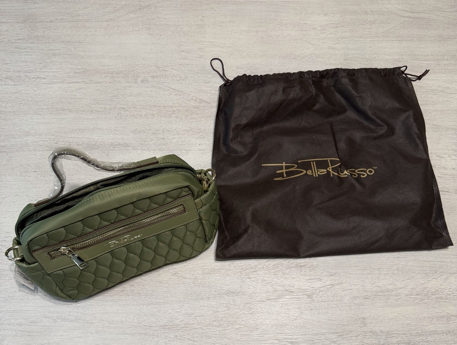 Bella Russo – Crossbody Bag Sage Green Quilted 8.7” with Dust Bag – NWT