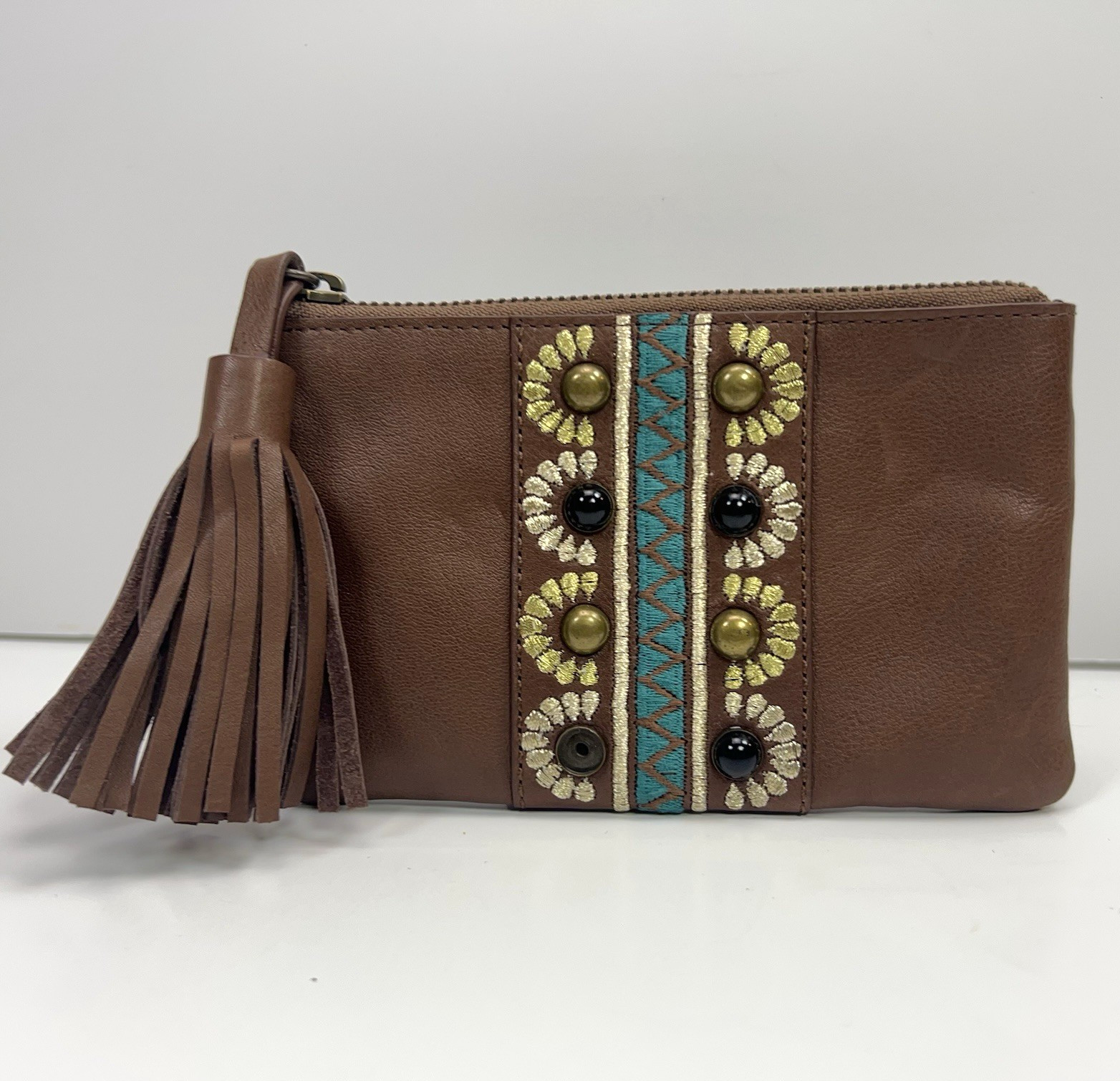 LUCKY BRAND Leather Clutch Small Beaded Embroidery Coin Card Zip Wristlet Tassel