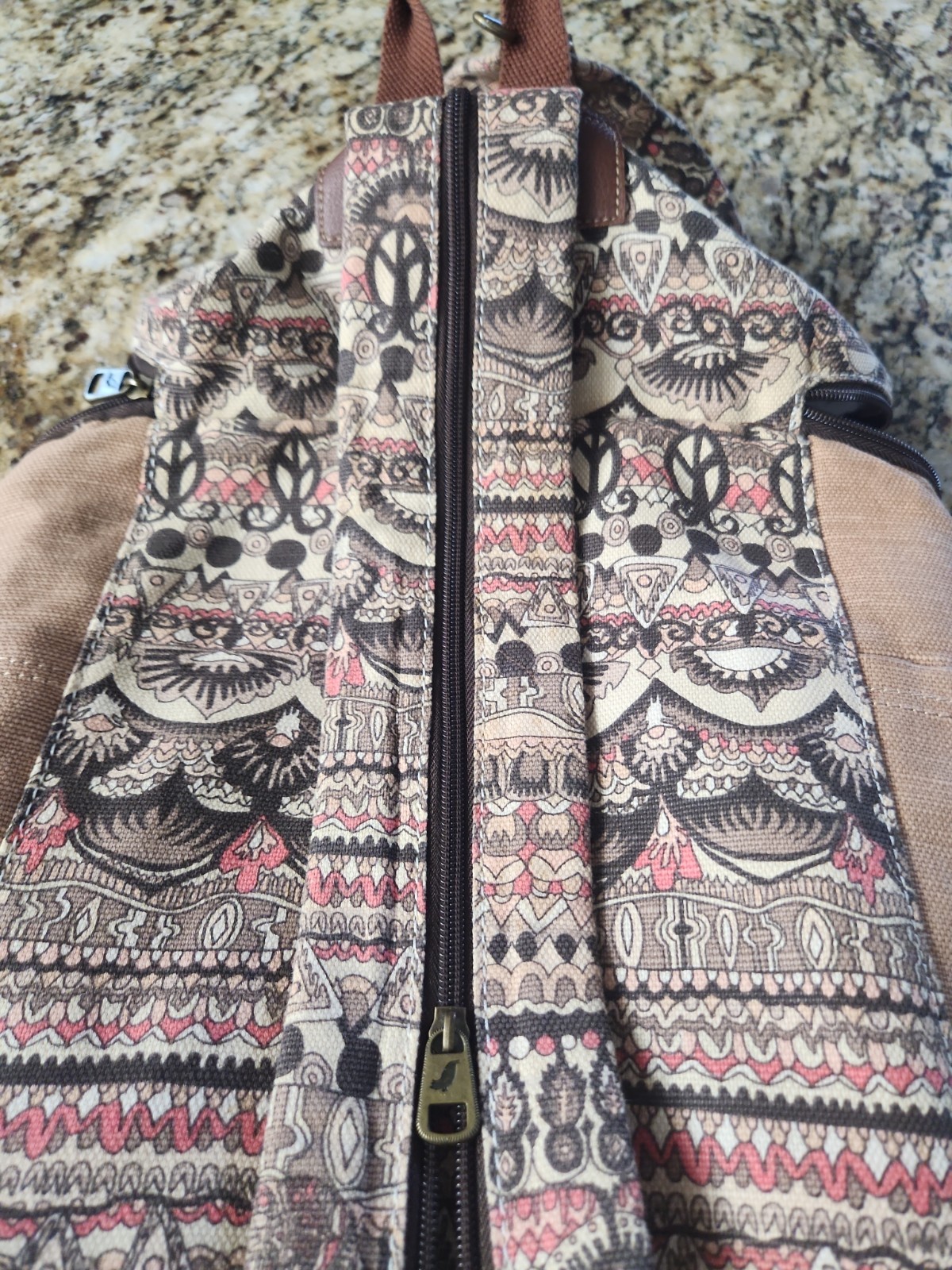 SAKROOTS Large Bucket Backpack Brown One World Peace Print Canvas Boho Bag NICE!