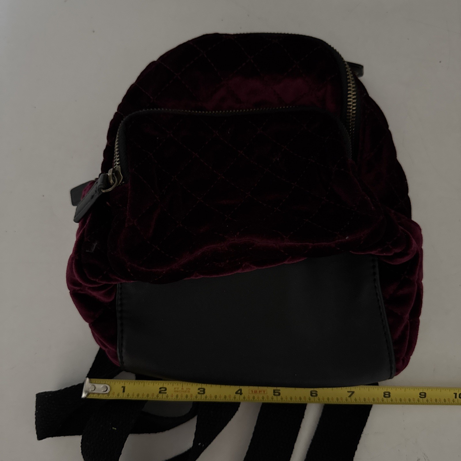 ART CLASS BURGUNDY VELVET QUILTED MINI BACKPACK BAG BLACK STRAP GOLD ZIP POCKETS