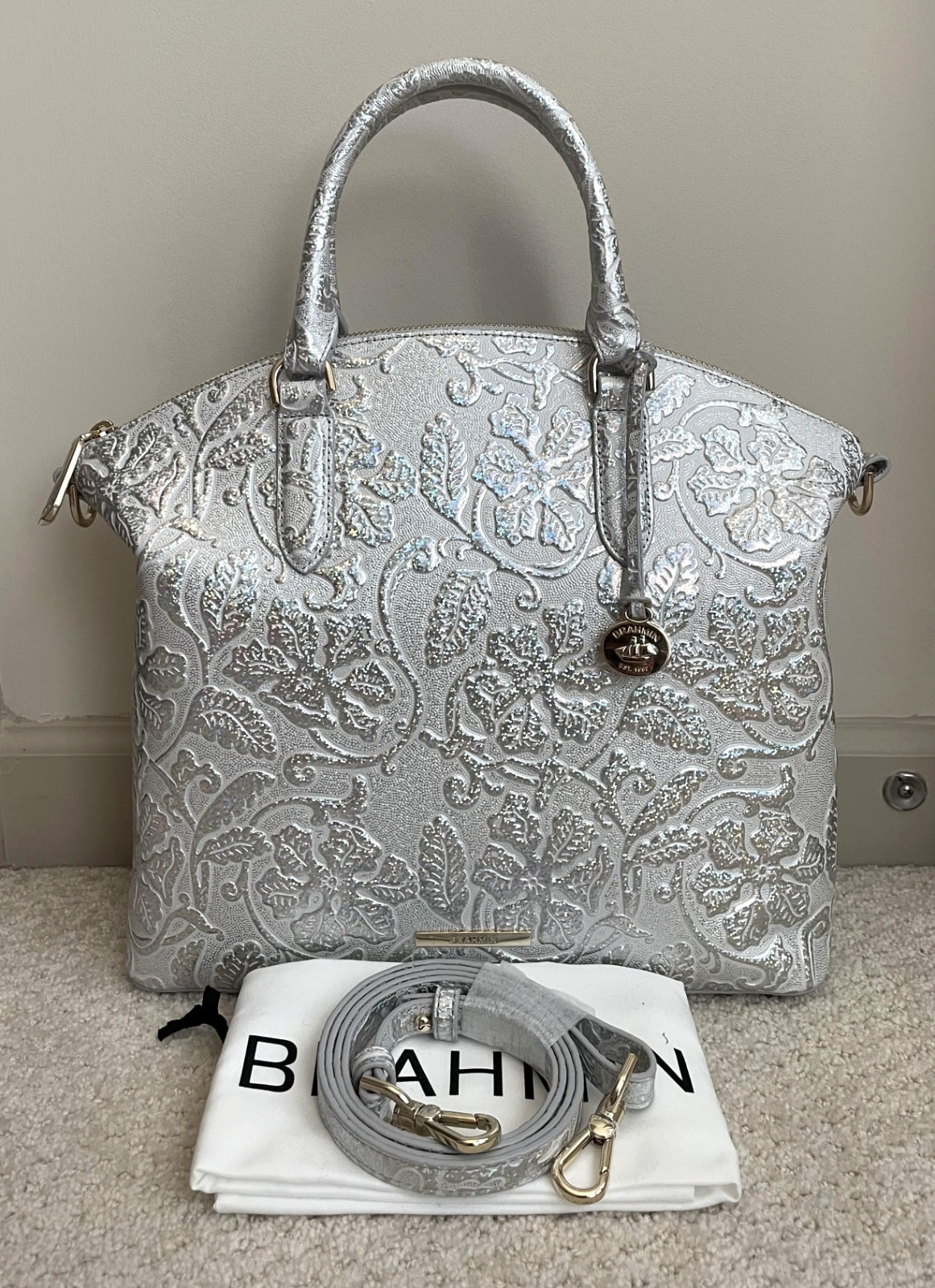 BRAHMIN ESTONIA Lg DUXBURY Lthr Satchel Bag CHROME Holographic Floral Silver NWT