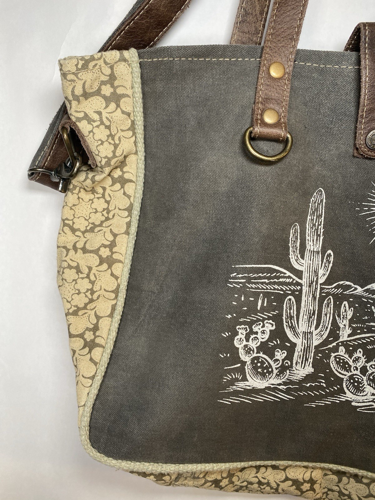 Myra Western Canvas Tote Bag Cactus Desert Print Leather Straps Boho
