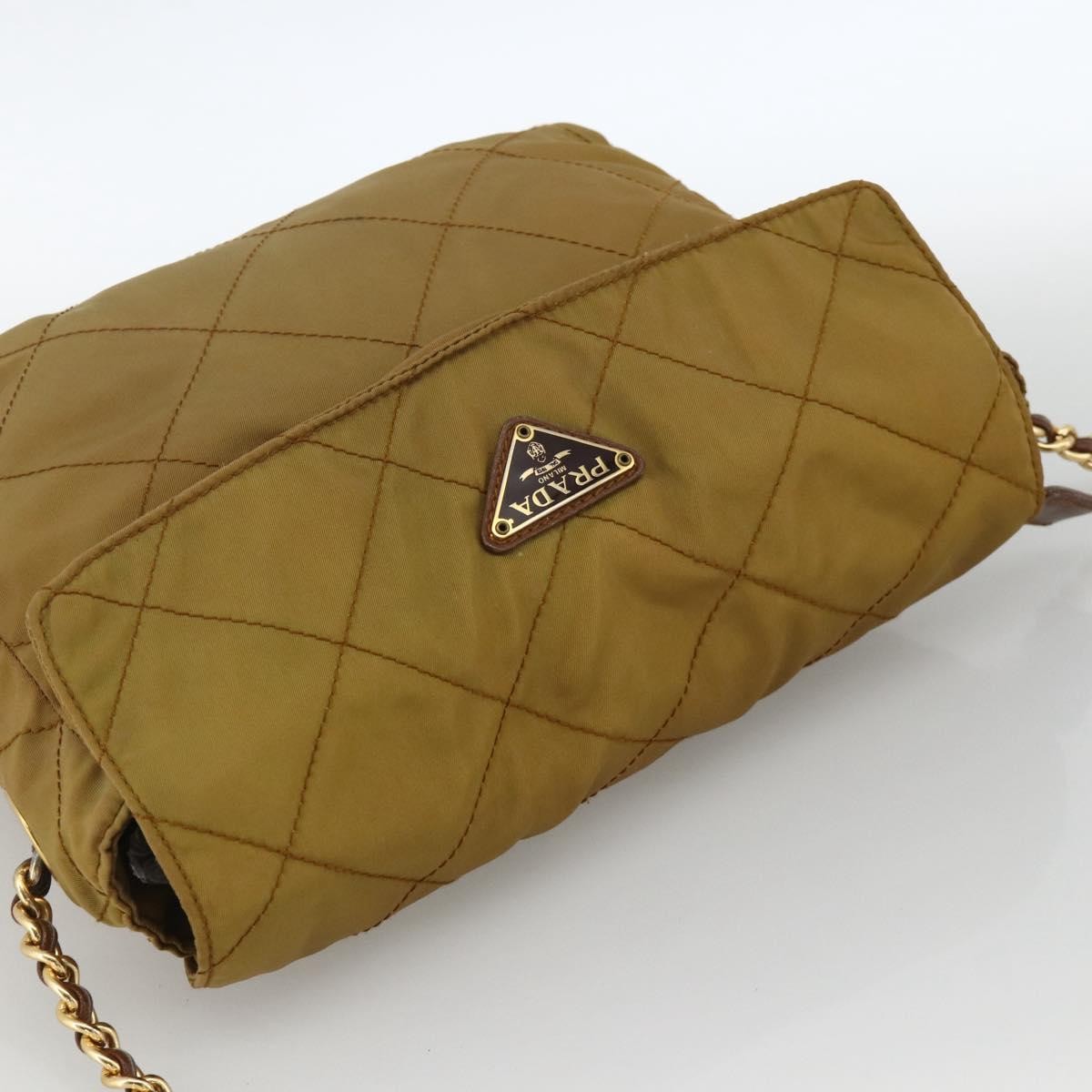 PRADA Chain Shoulder Bag Nylon Beige Gold Auth YKZ873