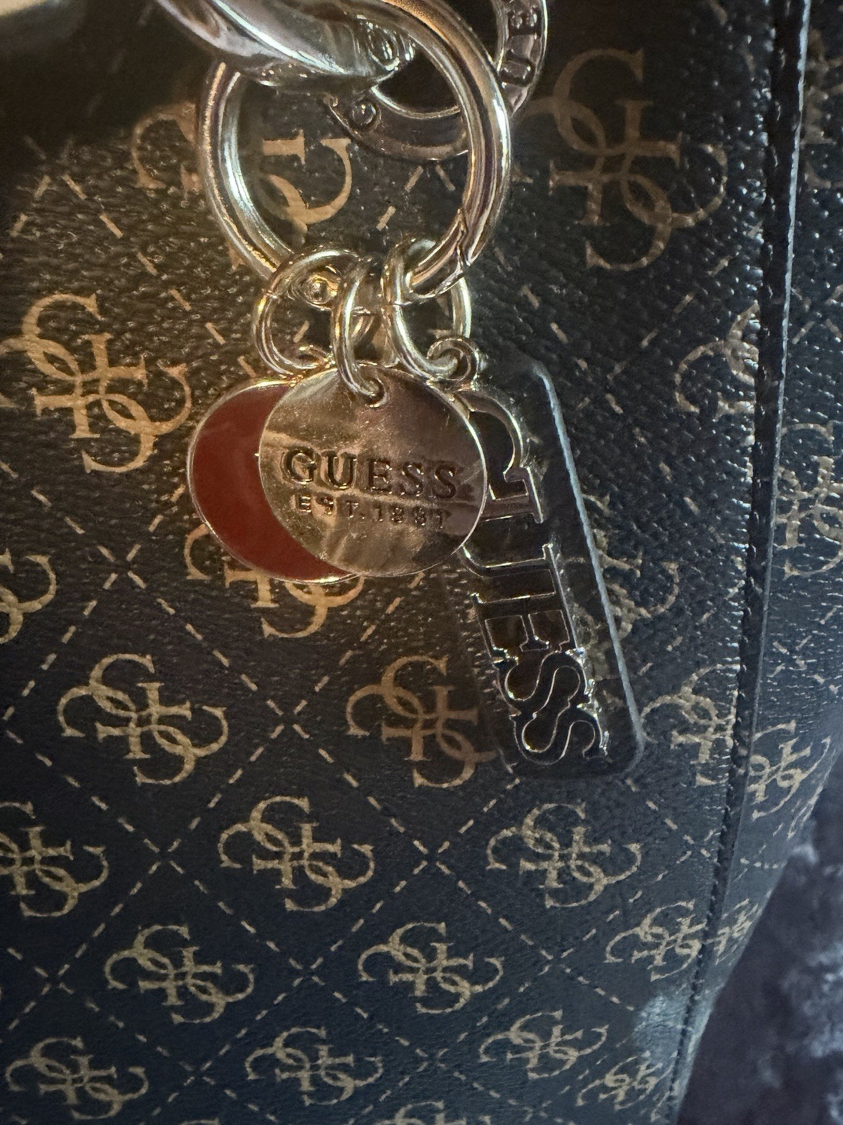 GUESS Black/Tan Logo Monogram Zip Tote Shoulder Bag w/ Charm, Inner Pockets