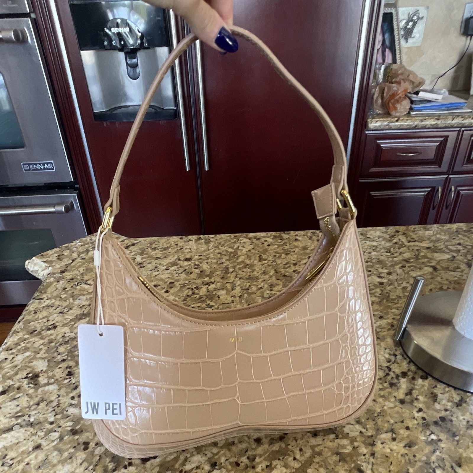 JW PEI Cane Sugar color Croc Embossed Small Crescent Shoulder Bag w/ Dust Bag