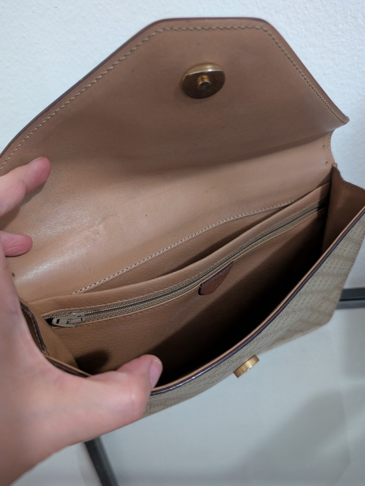 Auth Vintage CELINE Macadam Triomphe Blason Clutch Bag Beige