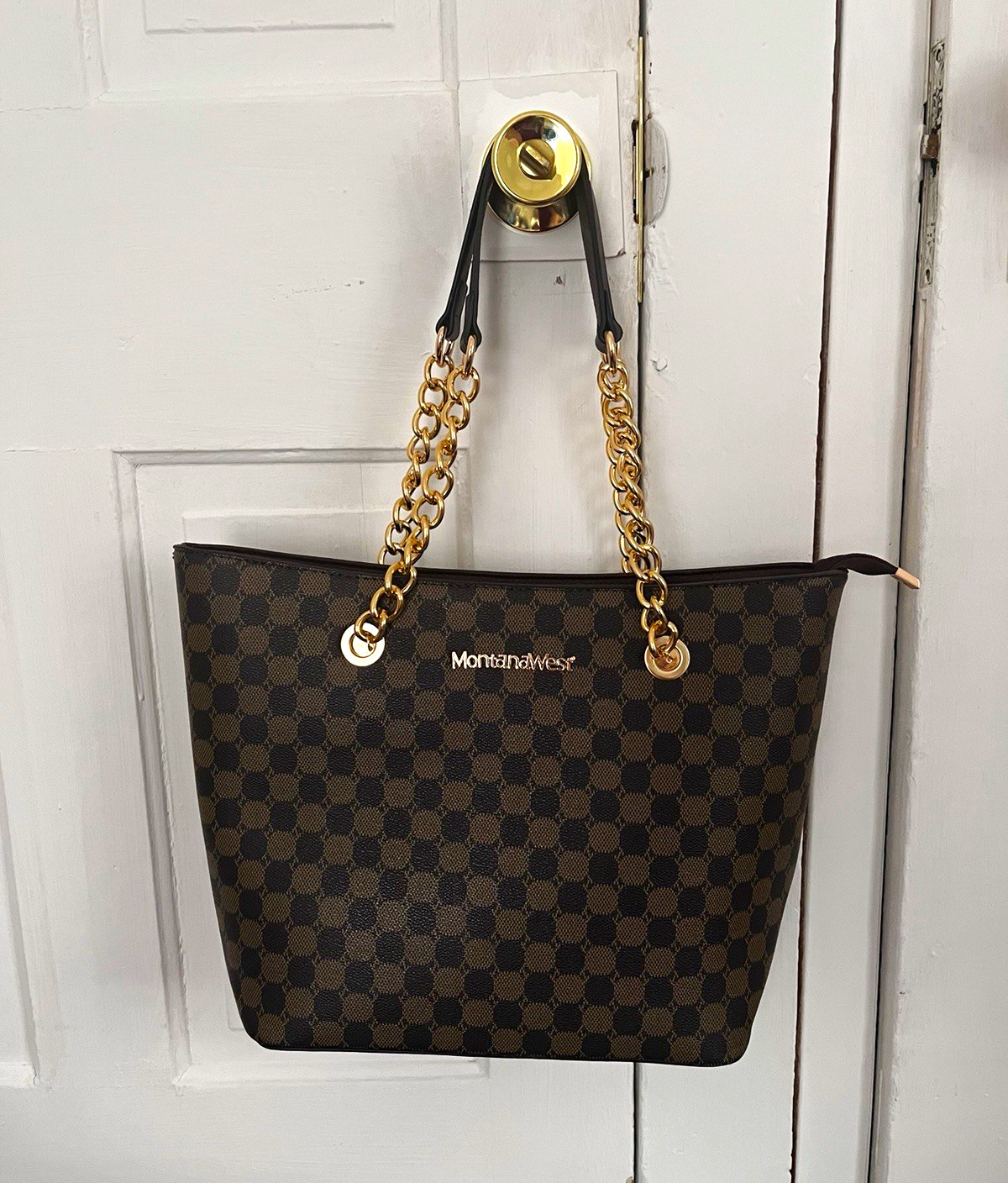 Montana West Brown Checkered Tote Shoulder Bag Gold Chain Straps Zip, Pockets