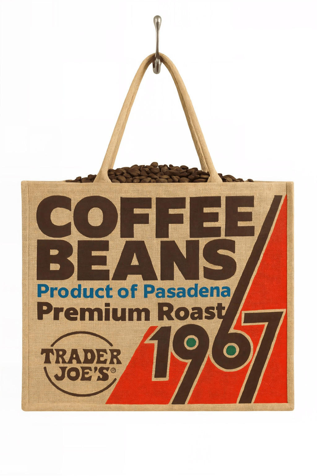 Trader Joe’s Coffee Beans Jute Tote Bag 1967 Pasadena Design Reusable Shopper