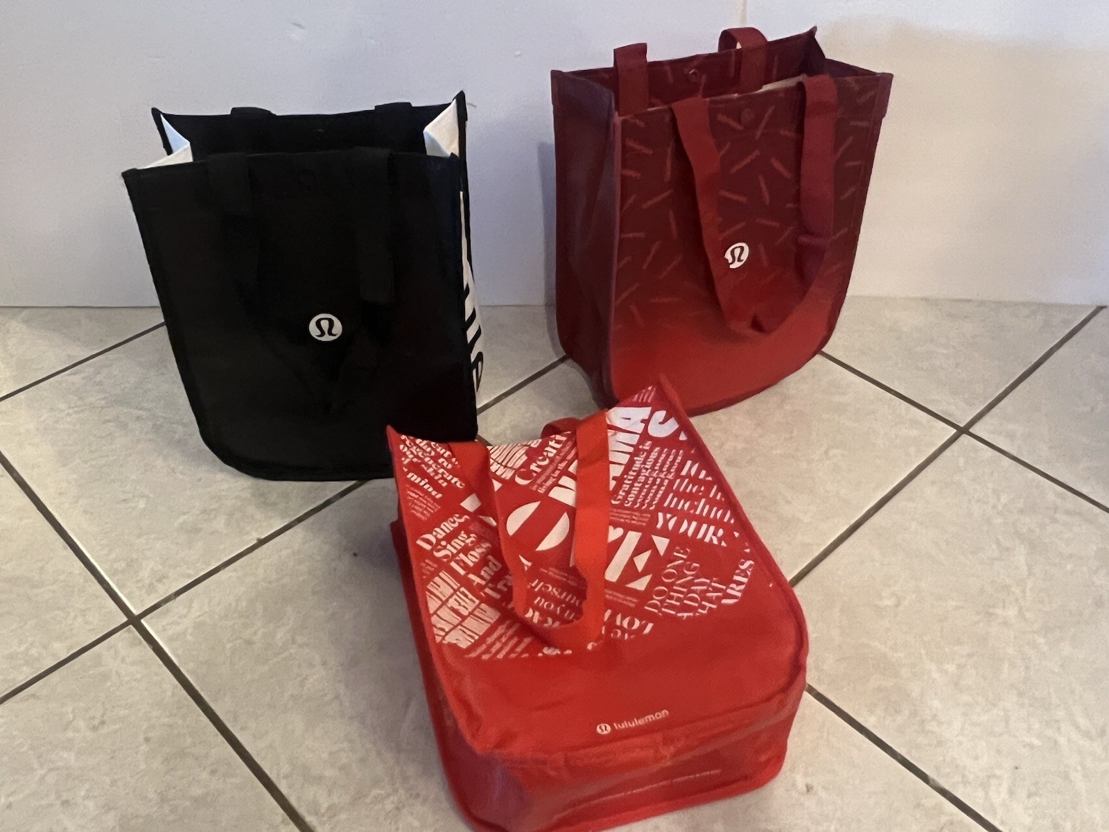 3 New Lululemon Small Reusable Shopping tote Bag With Logo Snap Button