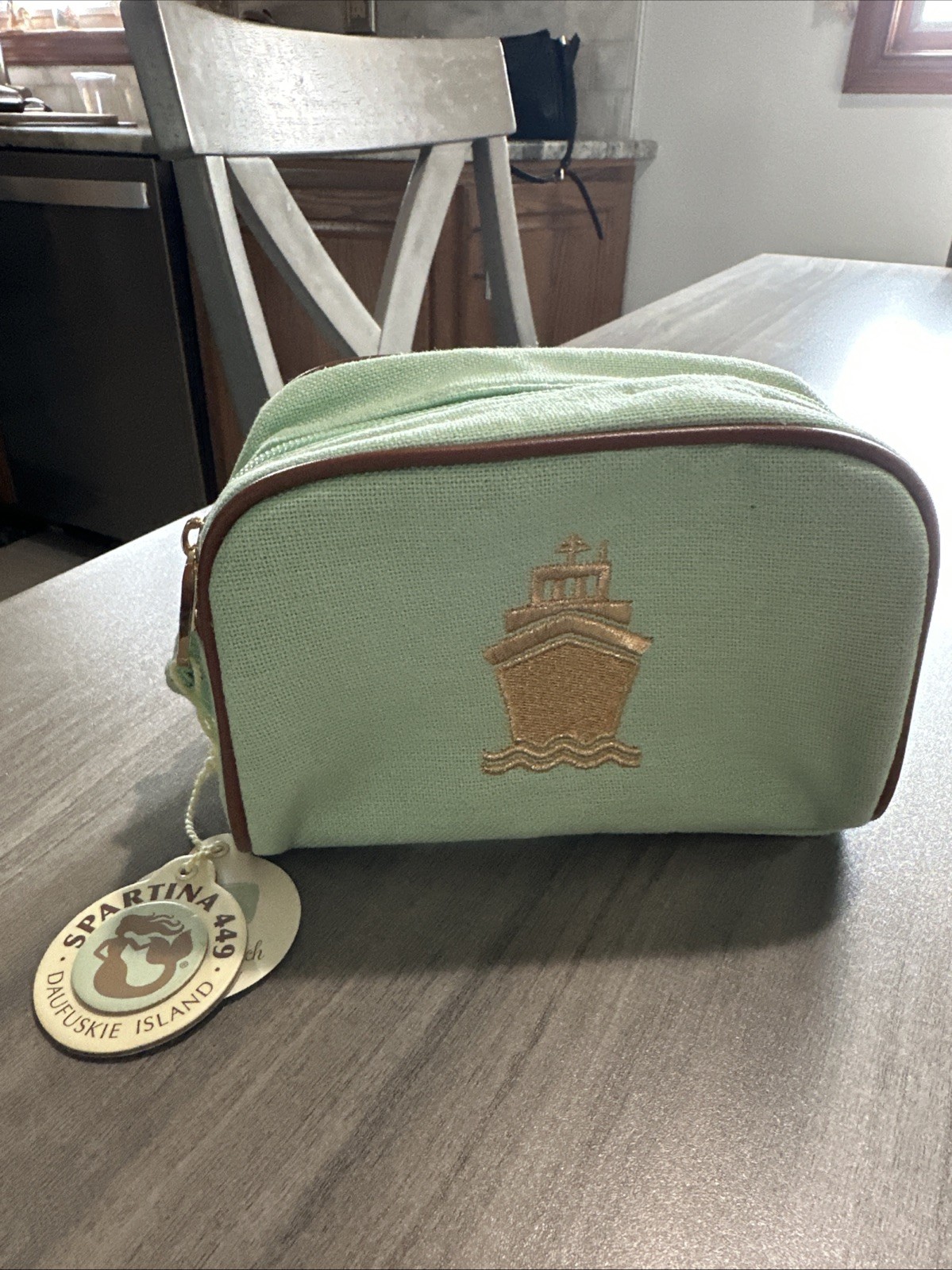 NWT Spartina 449 Daufuskie Island Travel Pouch Linen & Leather Mint Green Ship