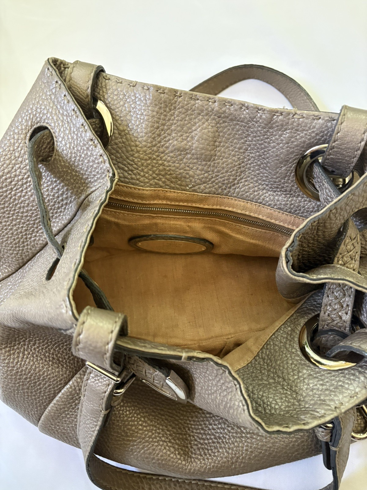Vintage Fendi Selleria Pomodorino Tote Handbag in Metallic Gray Pebbled Leather