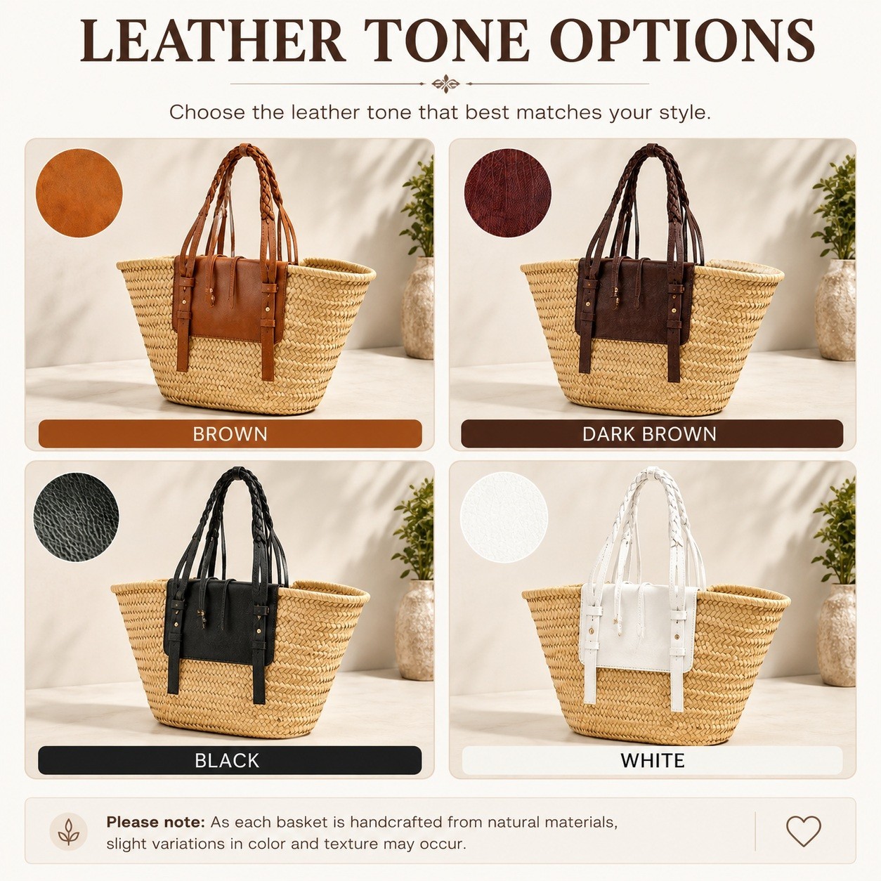 Handmade Moroccan Straw Tote Bag Braided Leather Handles, Zipper Pocket, Summer