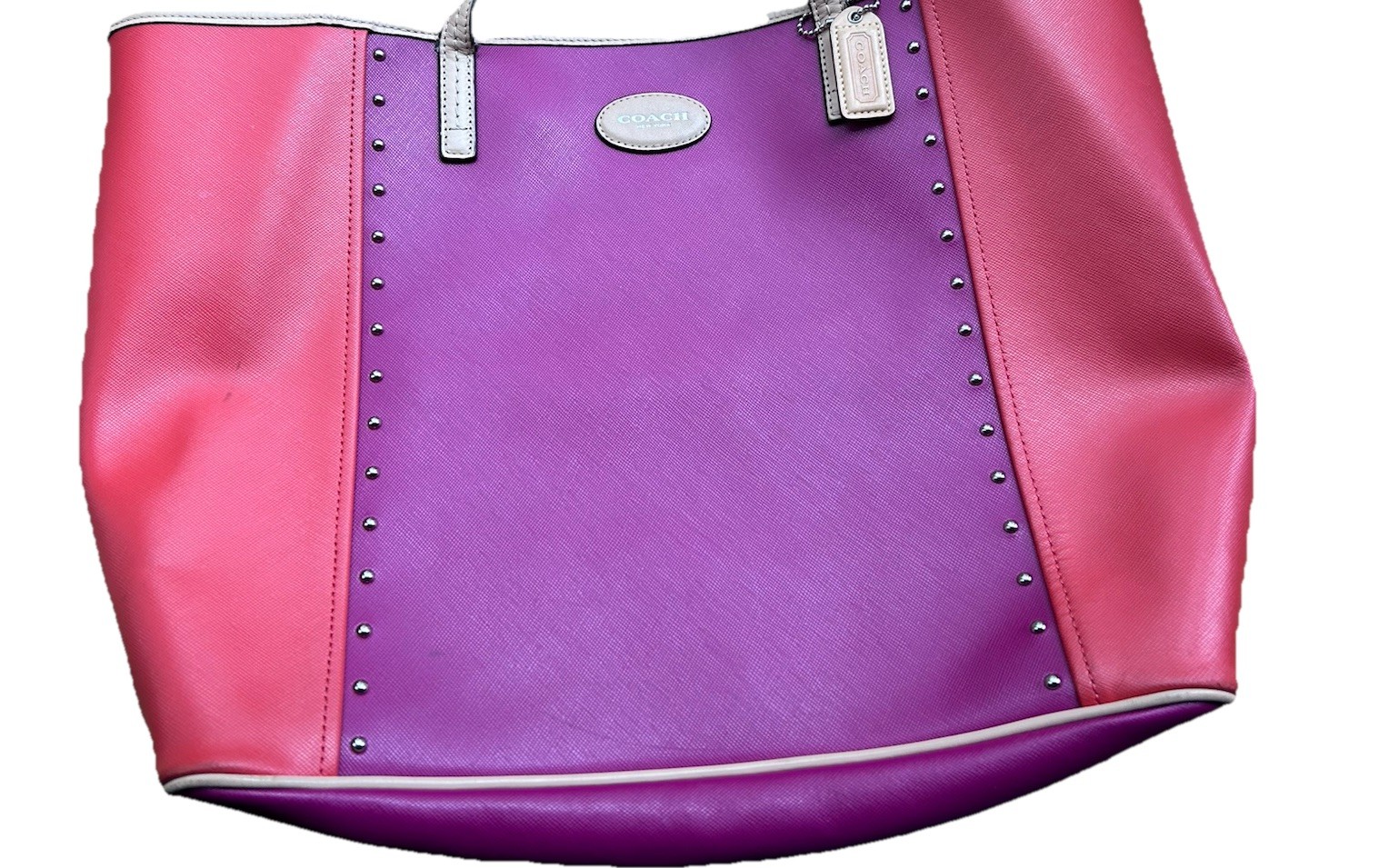 COACH Metro Colorblock Pink Orange And Tan Studded Leather Tote Bag Read List