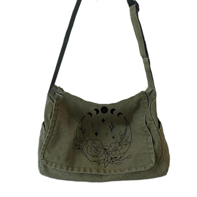Women’s Canvas Crossbody Bag Moon Floral Print Large Capacity Shoulder Messenger