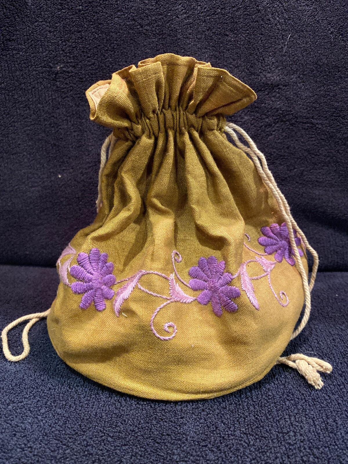 Homemade Muslin/Linen Drawstring Embroidered Pouch Round Bingo Bag Purse