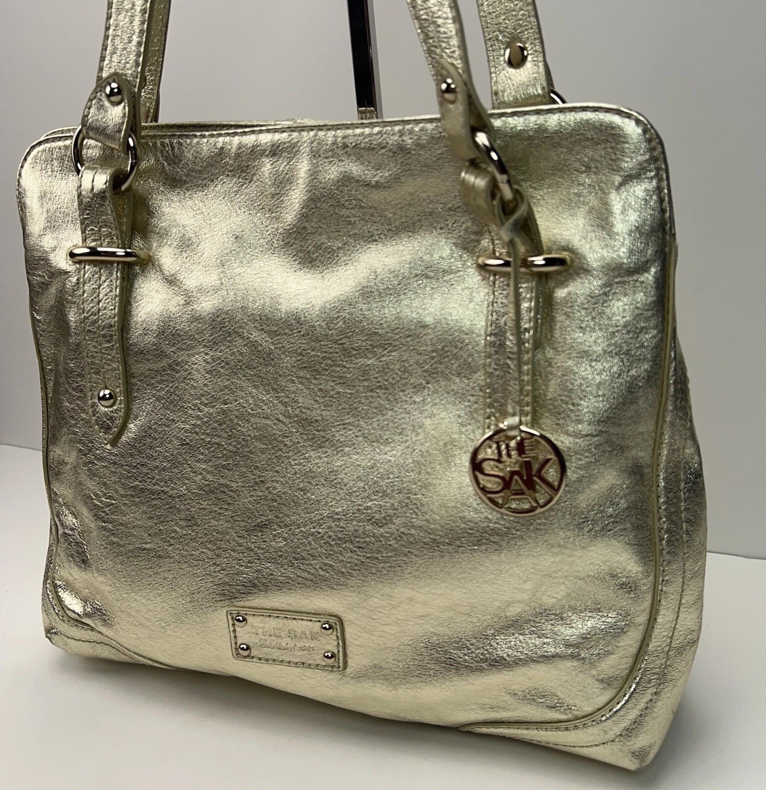 THE SAK Metallic Gold Leather Shoulder Purse Dividers Studded Hobo Handbag Bling