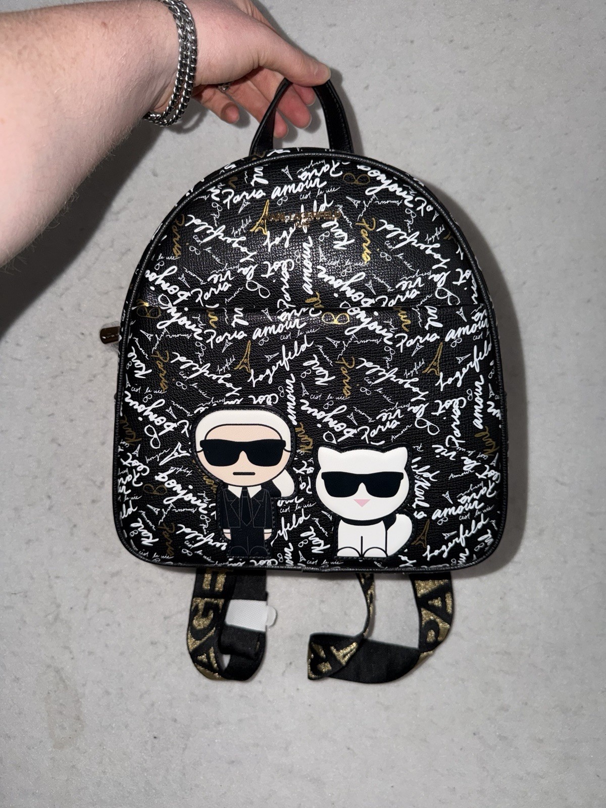 Karl Lagerfeld Paris Medium Backpack Black Gold AOP Script L5GK48CJ NWT $198