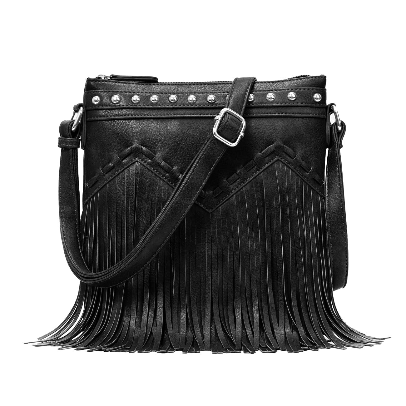 Fringe Crossbody Bag with Rivets Western Purse Vegan Leather Tassel Shoulder Bag