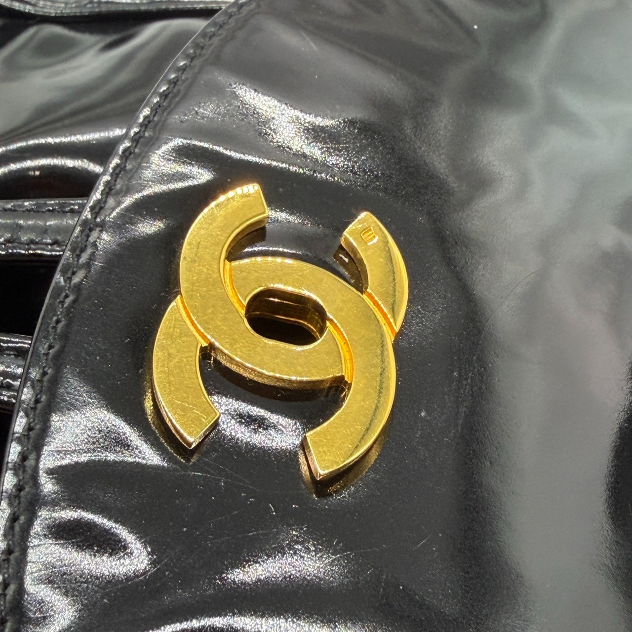 CHANEL Vintage Patent Leather Backpack Black CC Turn Lock Gold Hardware