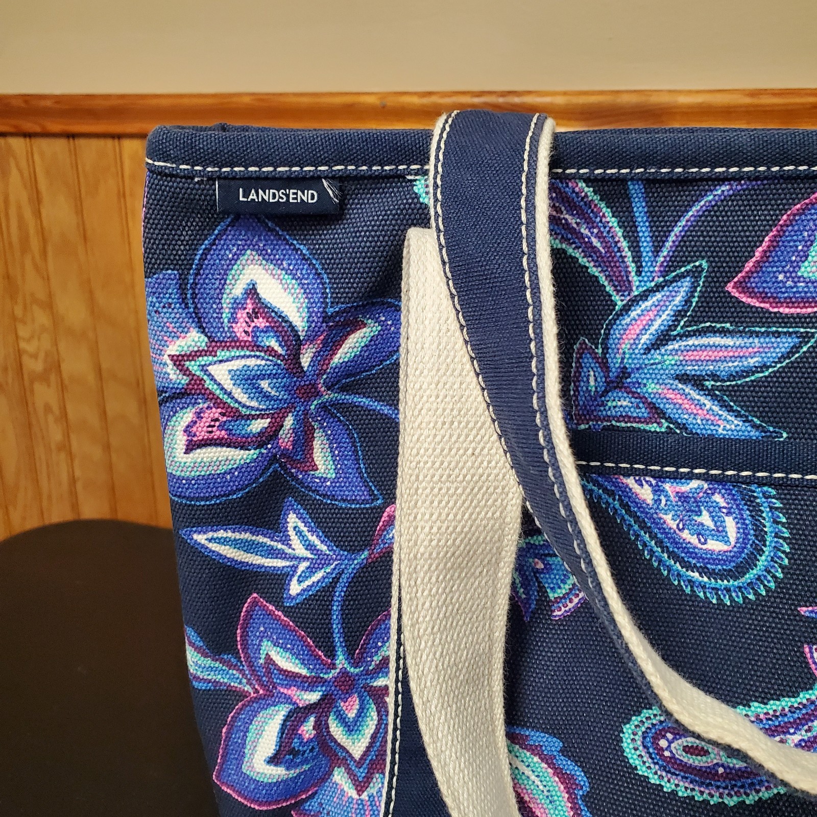 Lands’ End 5 Pocket Open Top Canvas Tote Bag 16×13 Navy Paisley