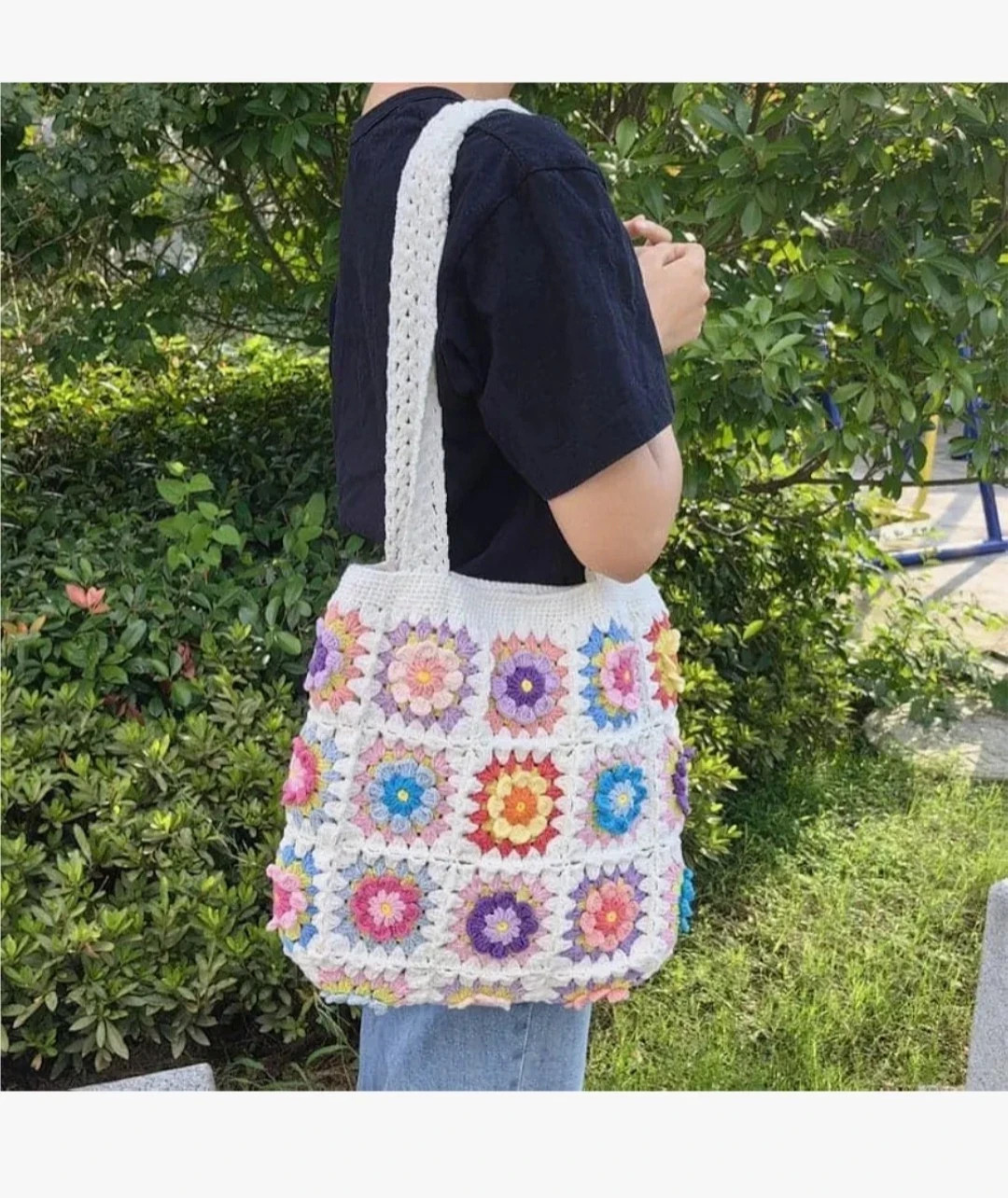 I.F.H Wool Floral Crochet Granny Square Shoulder Bag Handmade Tote for Women