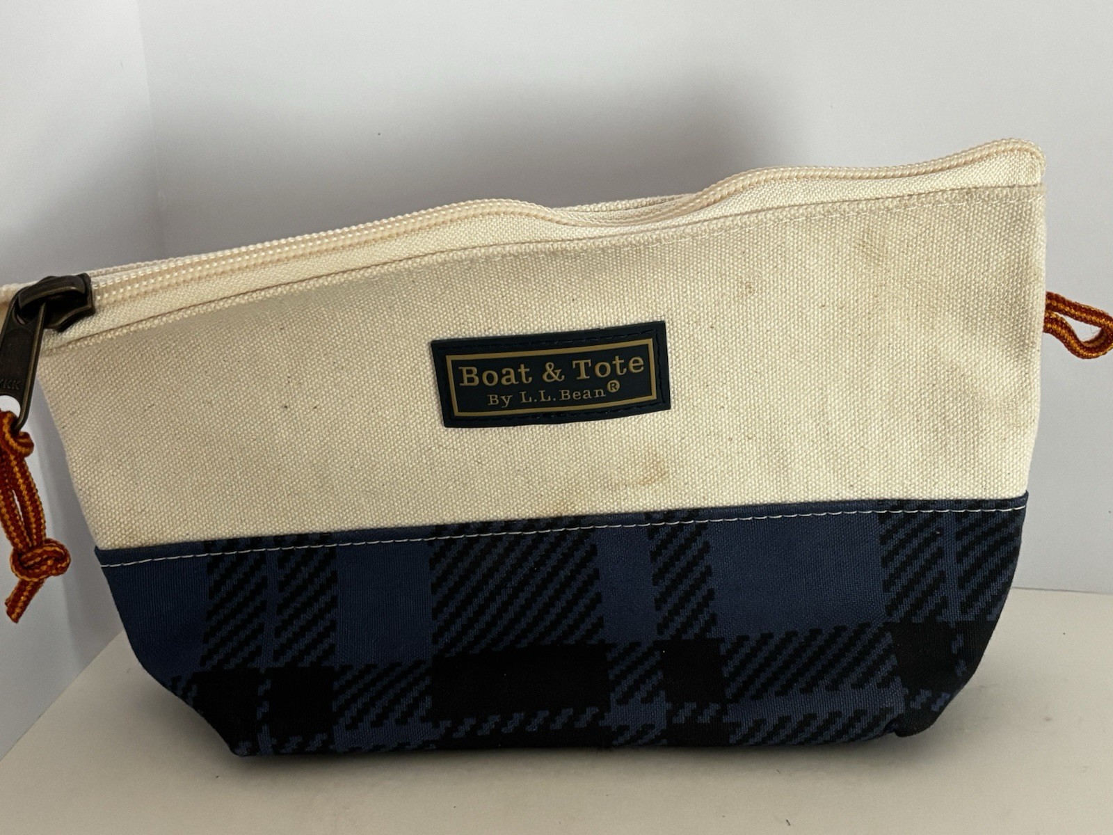 L.L.Bean Boat and Tote Zip Pouch Plaid Natural and NAVY Plaid Canvas