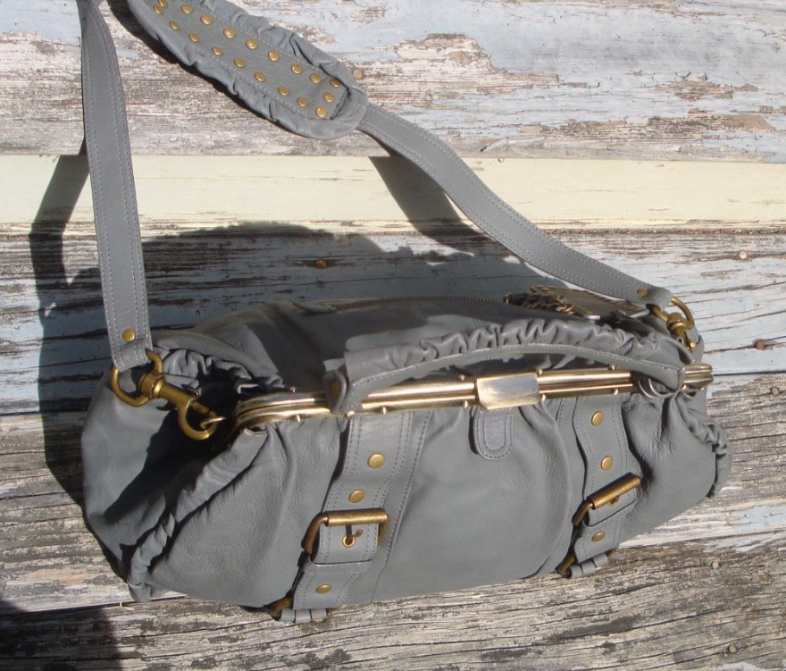 BETSEY JOHNSON Genuine Leather Gray Satchel Frame Bag Handbag Large Studded Y2K